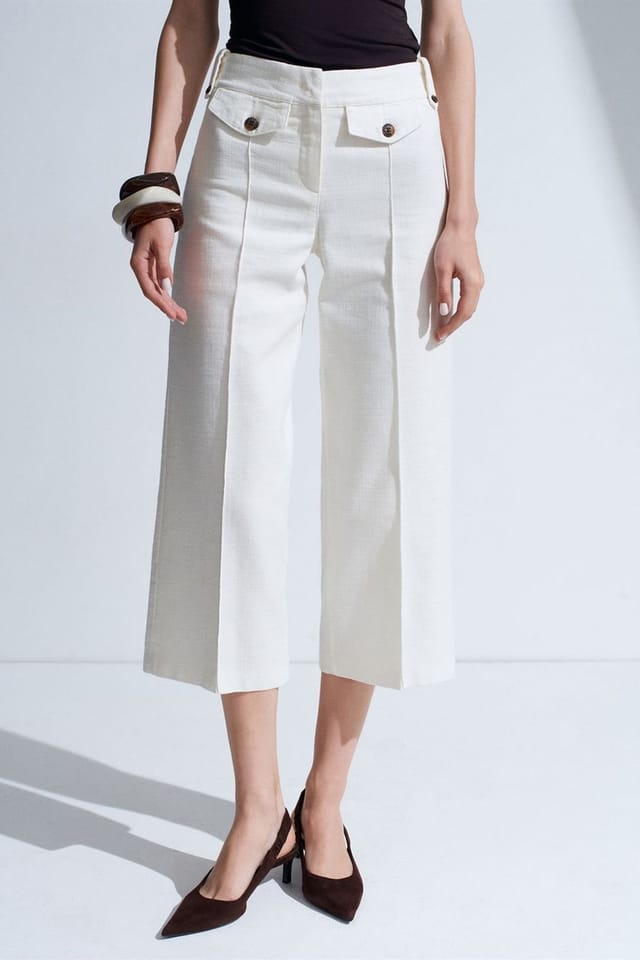 Dilvin Dilvin Women's High-Waist Cotton Poplin Capri Culottes in White - 3