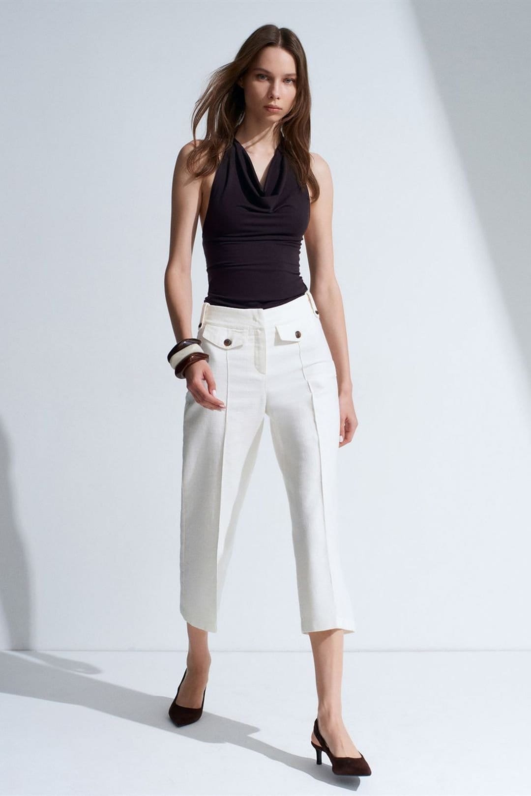 Dilvin Dilvin Women's High-Waist Cotton Poplin Capri Culottes in White - 4