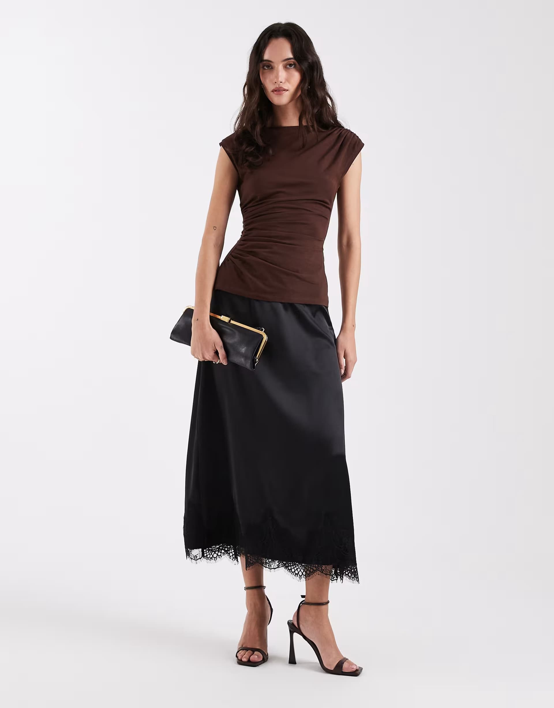 ASOS ONLY lace trim satin midi skirt in black