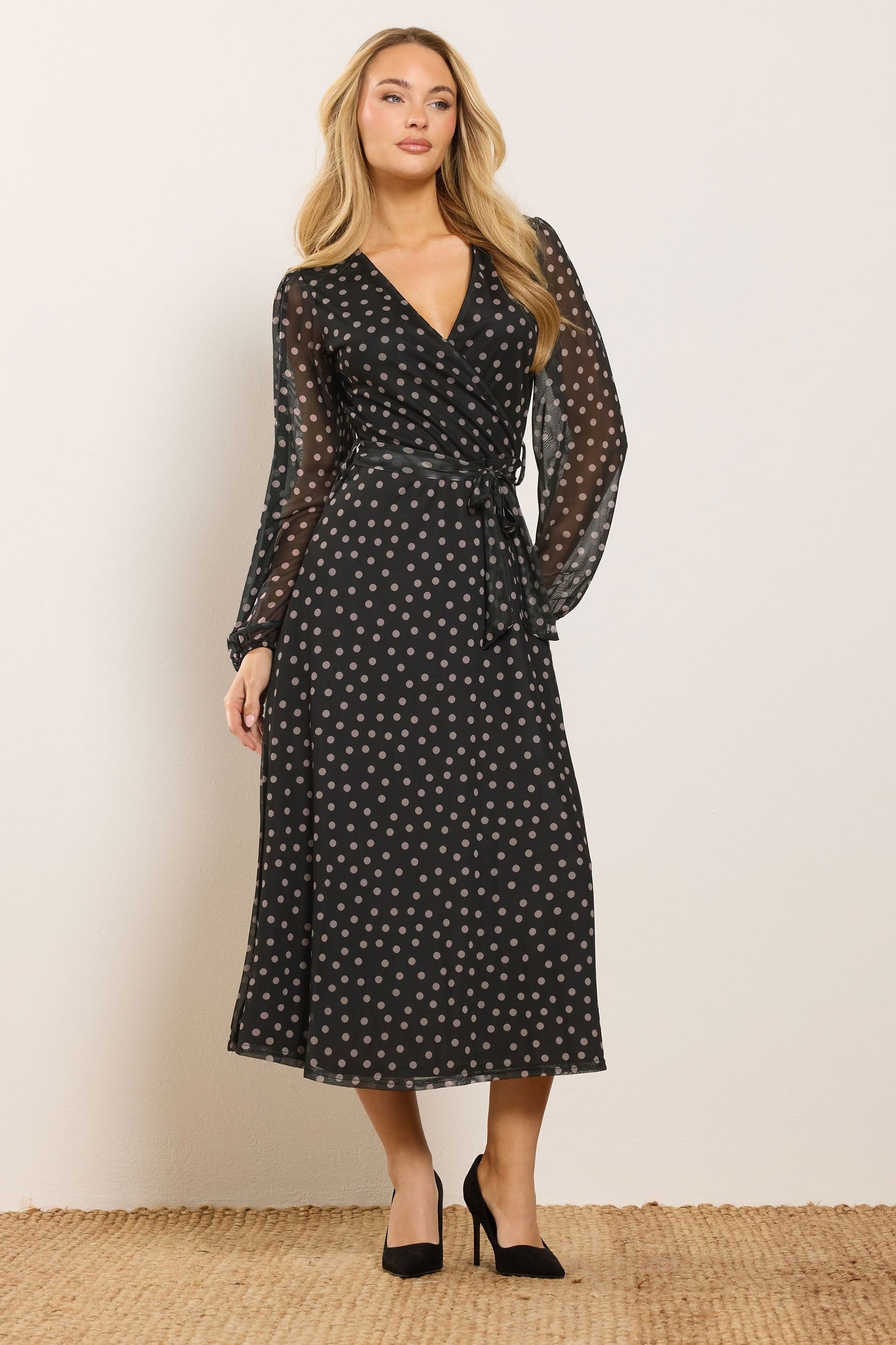 M&Co Black Polka Dot Mesh Wrap Dress