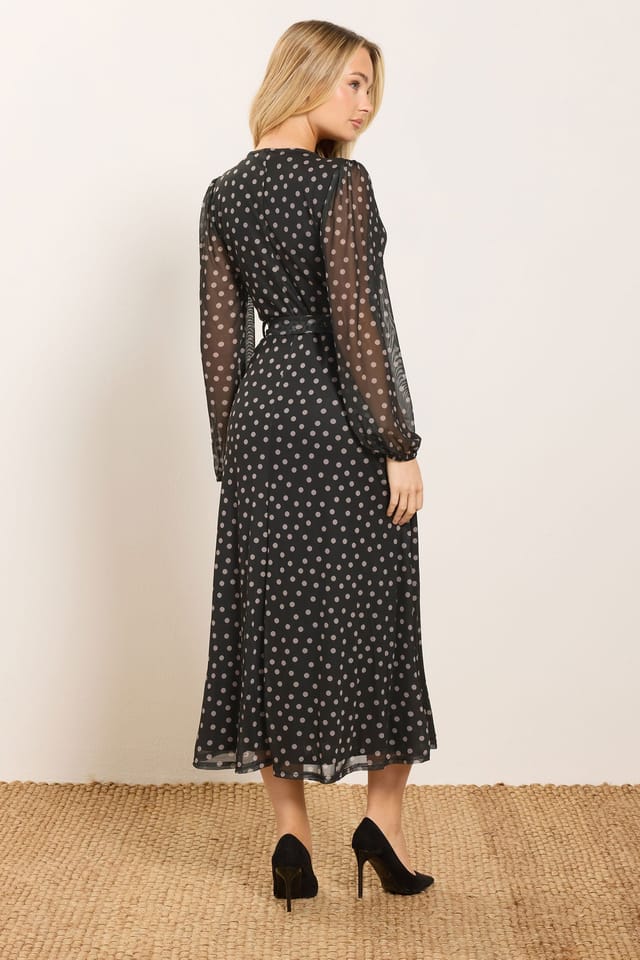 M&Co M&Co Women's Polka Dot Mesh Wrap Dress in Black - 3