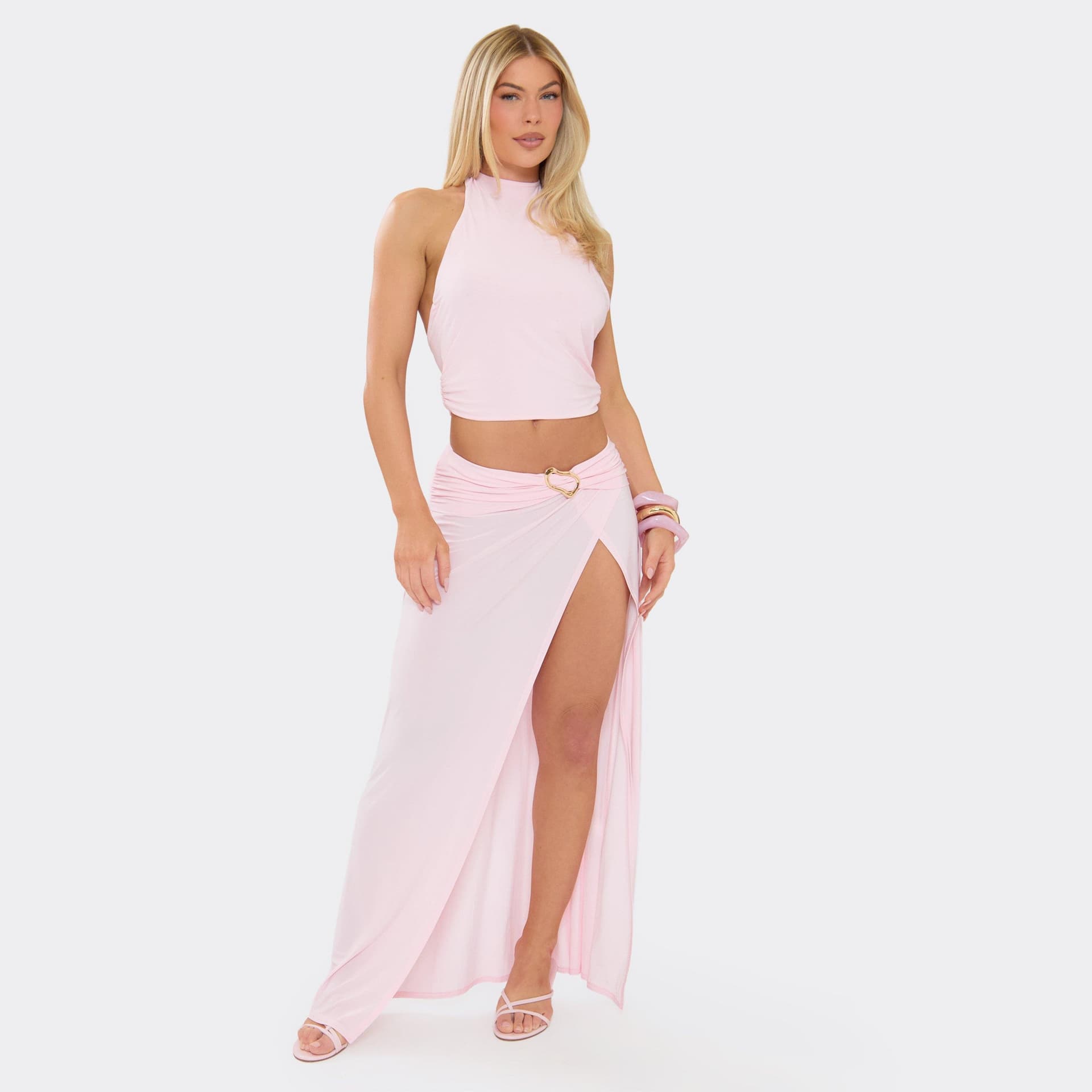 EGO Low Waist Trim Detail Split Leg Maxi Skirt In Pink, Women's Size UK 6