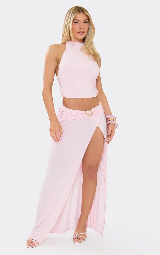 EGO Low Waist Trim Detail Split Leg Maxi Skirt In Pink, Women's Size UK 6 - 2