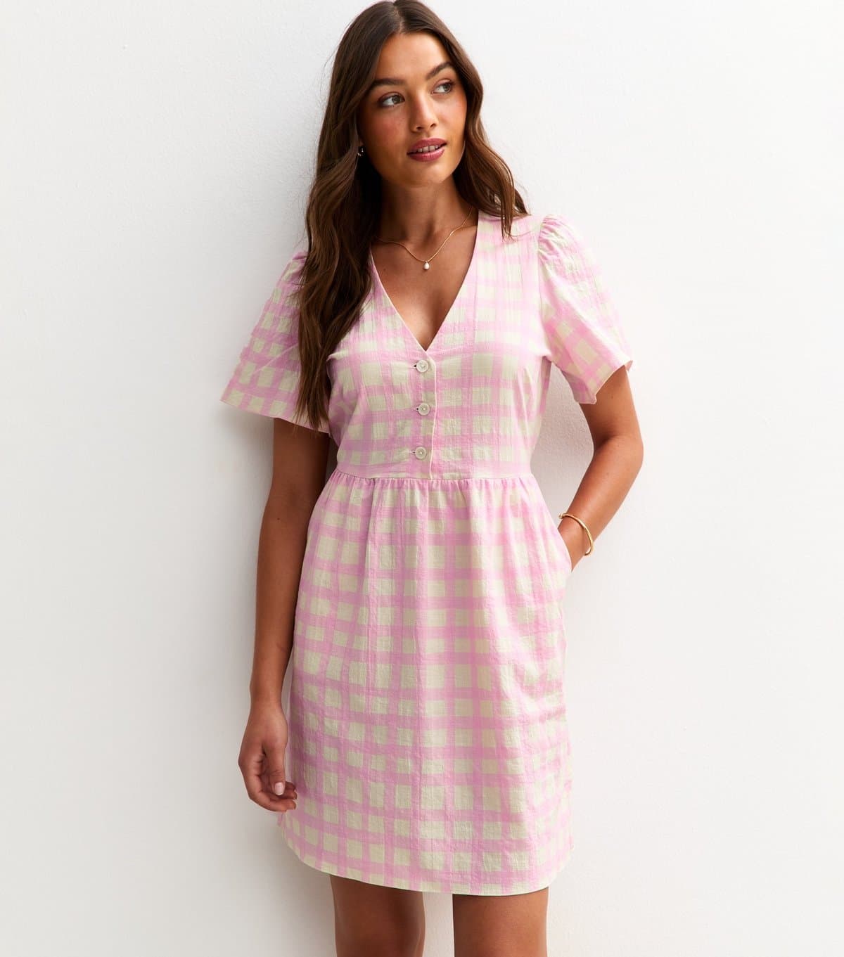 New Look Women's Pink Gingham Check Flutter Sleeve Mini Dress New Look