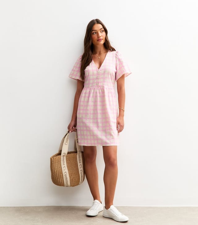 New Look Women's Pink Gingham Check Flutter Sleeve Mini Dress New Look - 3