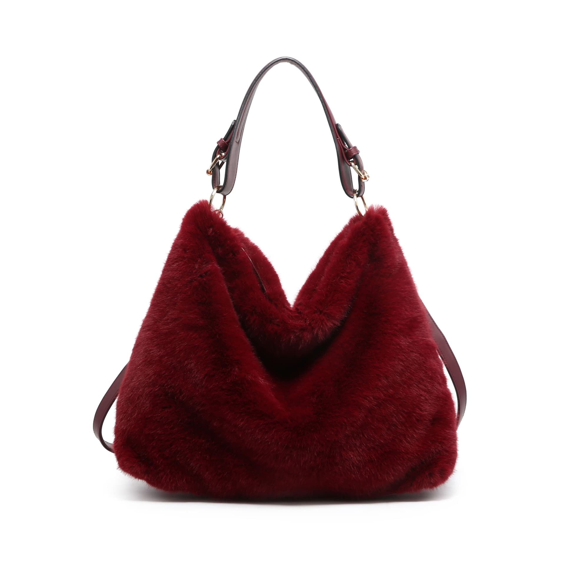 JFY JFY Women's Faux Fur Top Zip Closure Shoulder Bag in Wine
