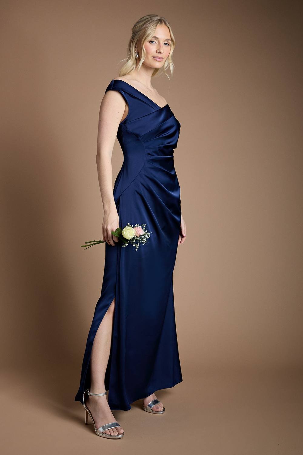 Coast Coast Women's Satin Bardot Bridesmaid Maxi Dress with Waist Ruching Detail in Navy - 2
