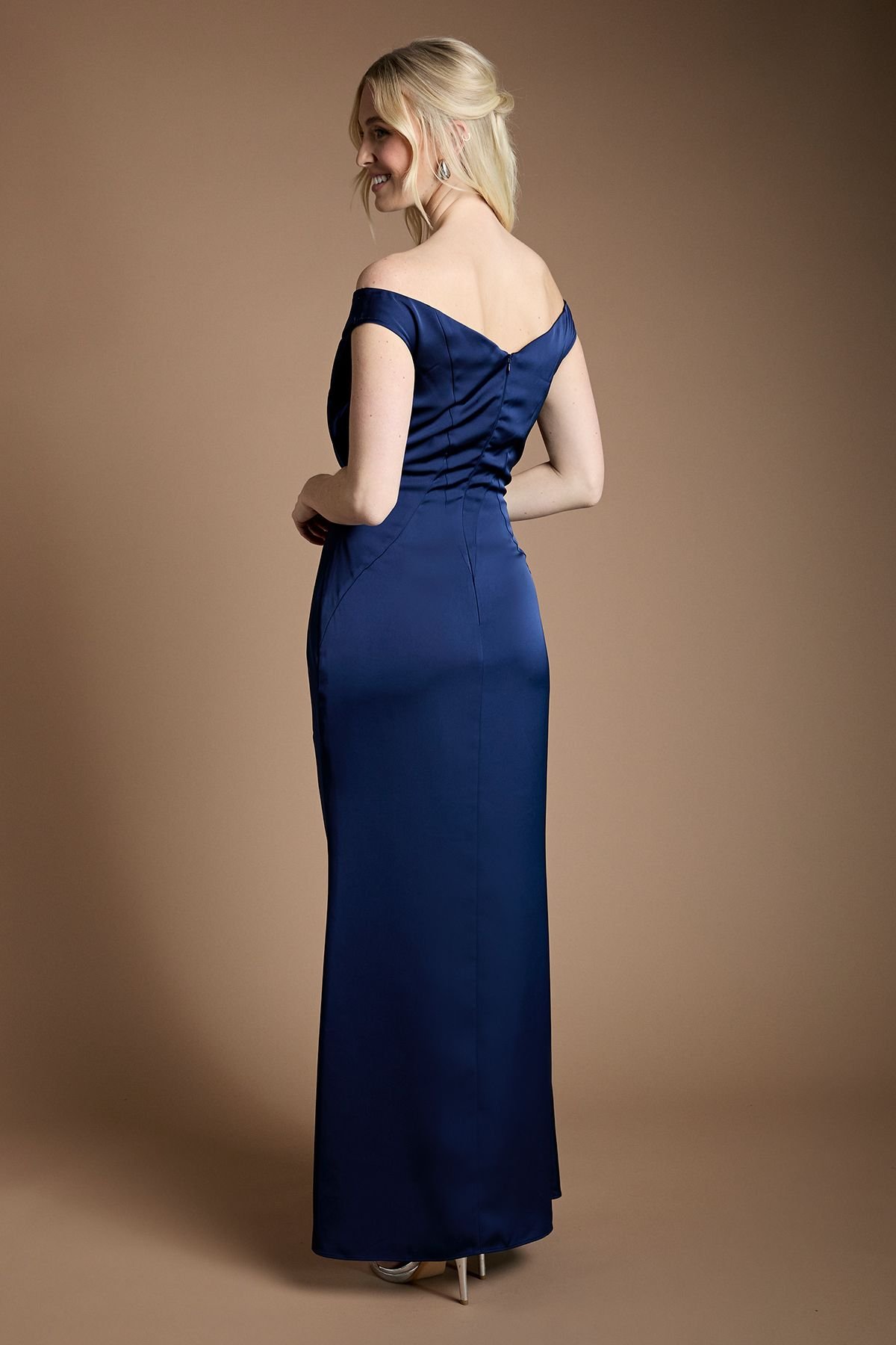 Coast Coast Women's Satin Bardot Bridesmaid Maxi Dress with Waist Ruching Detail in Navy - 3