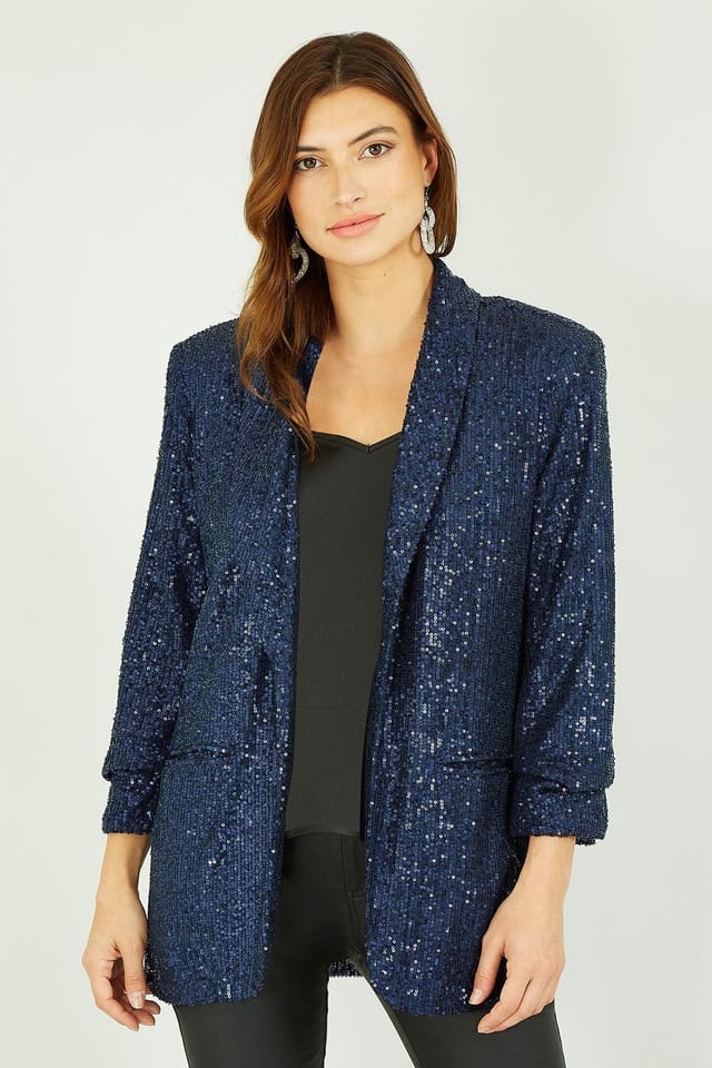 Yumi Yumi Women's Navy Sequin Blazer With Pockets - 2