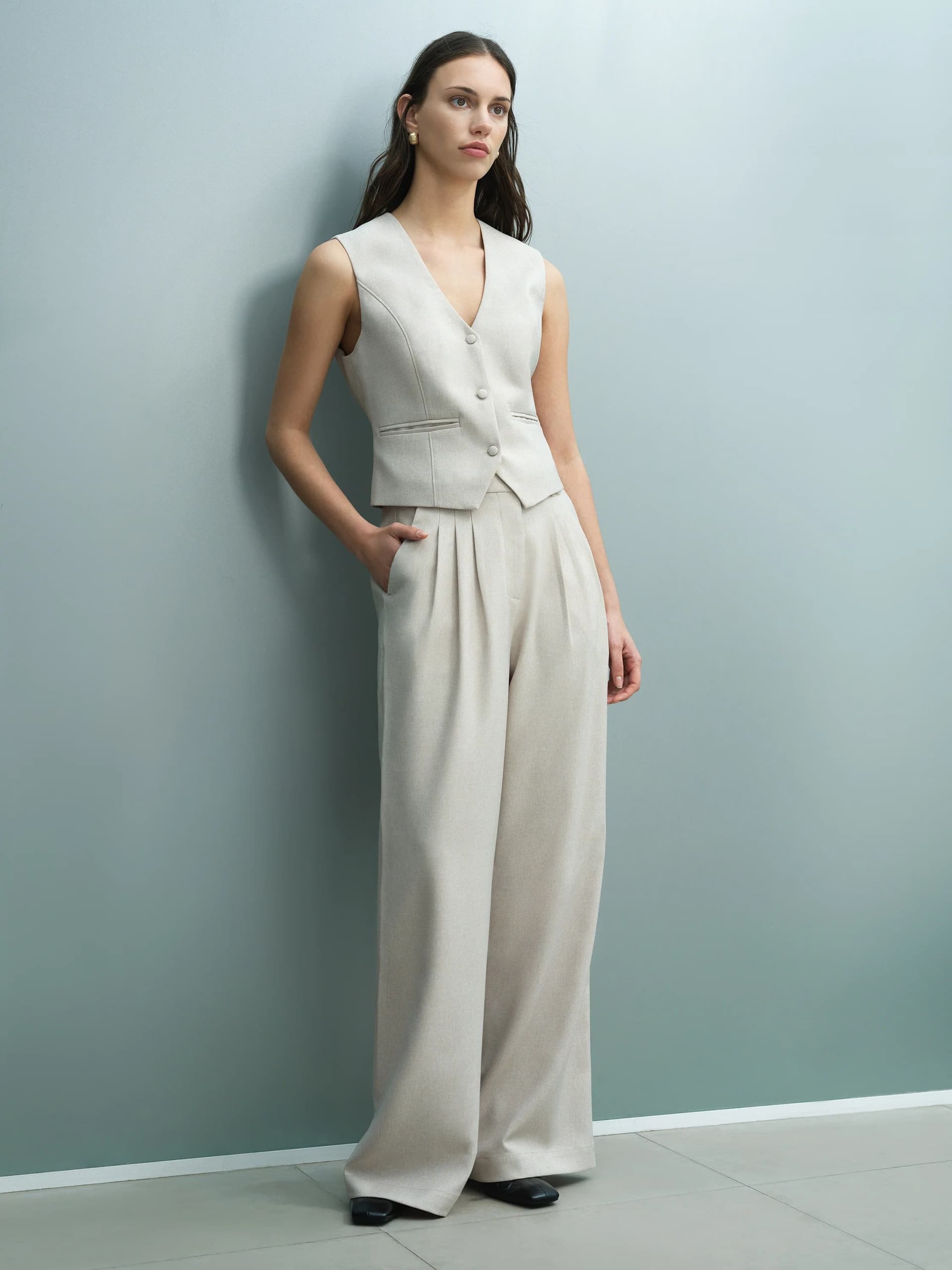 French Connection French Connection Beige Pleated Wide Leg Trousers