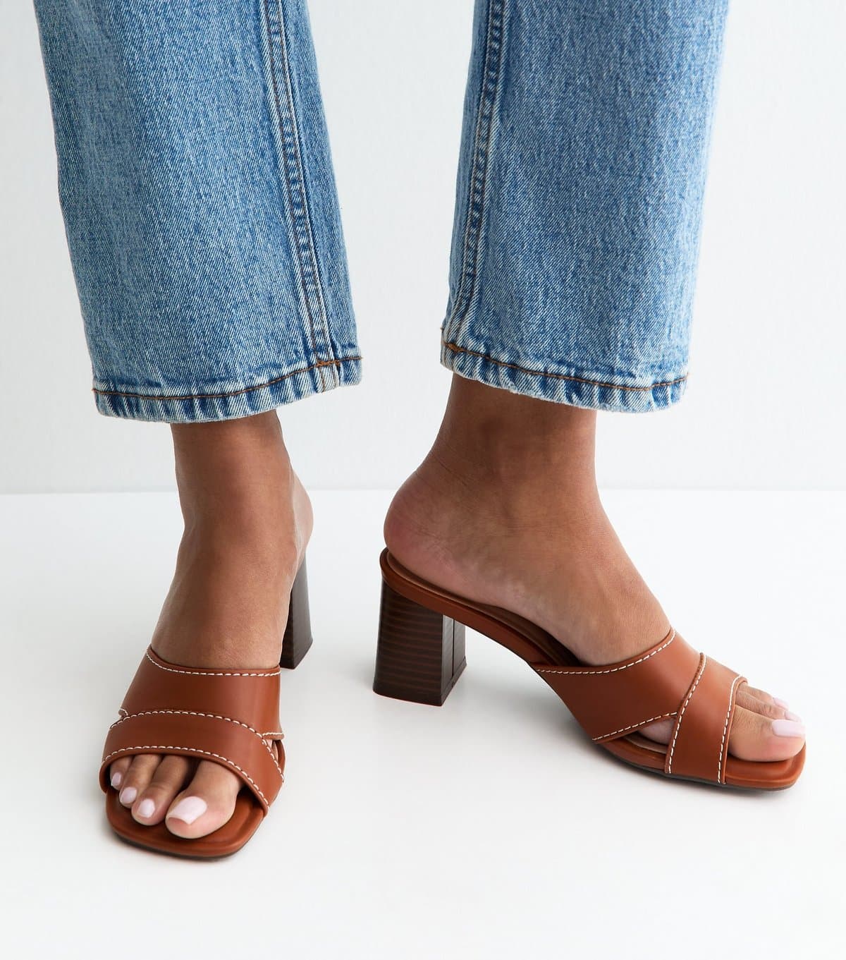 New Look Women's Brown Faux Leather Contrast Stitch Mules New Look
