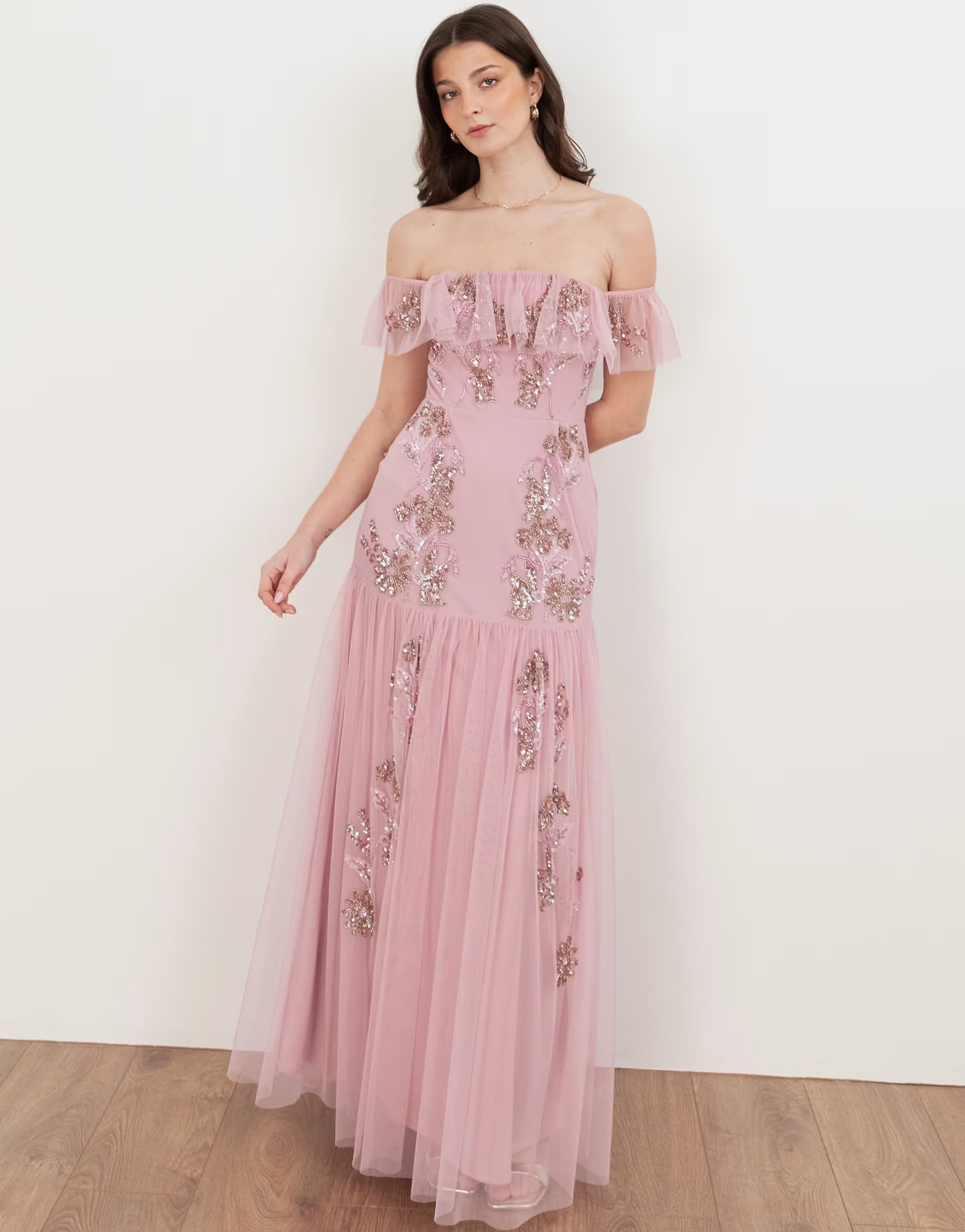 ASOS Maya Embellished bardot maxi dress in soft pink