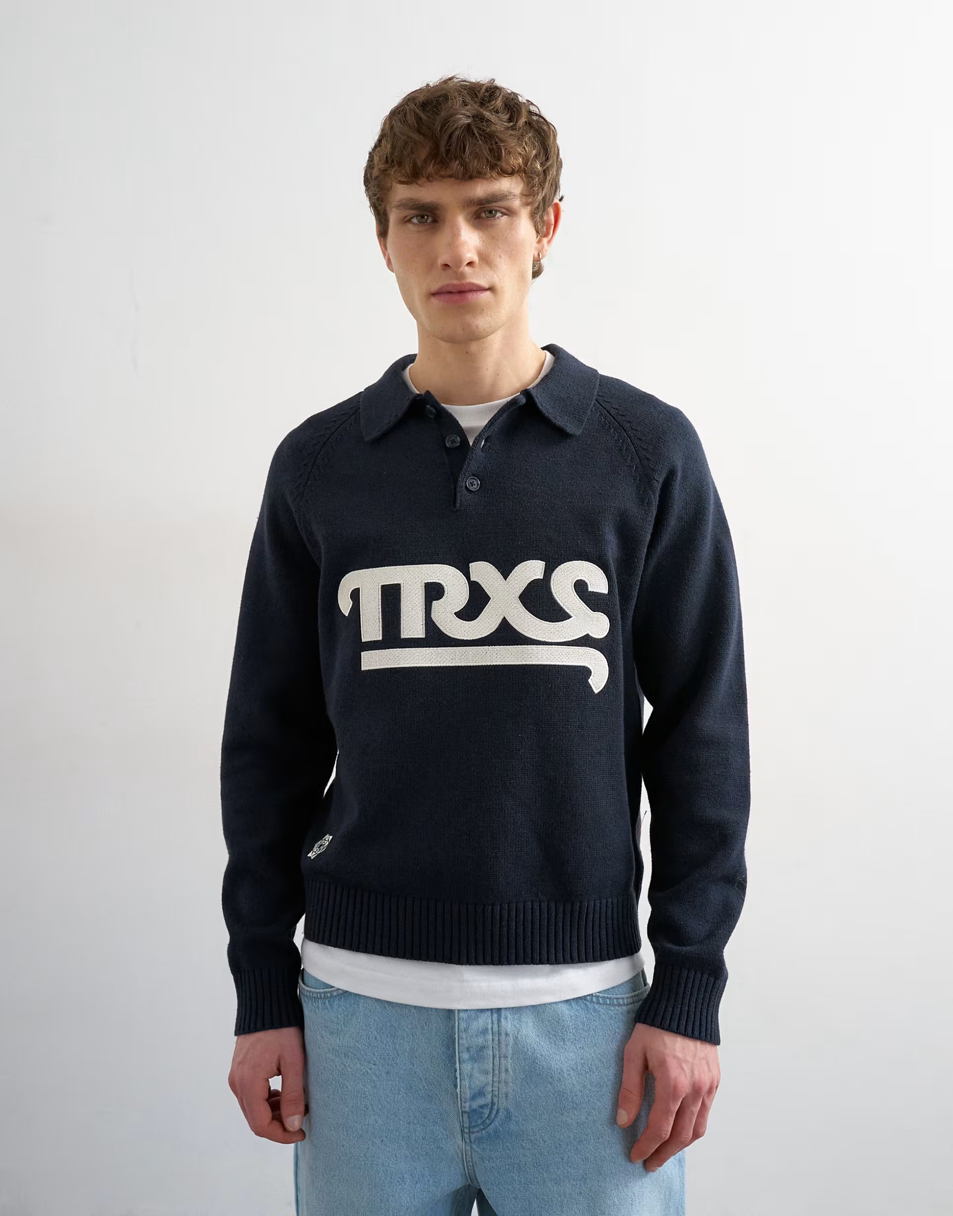 ASOS Topman classic fit knitted rugby polo with applique text in navy - 1