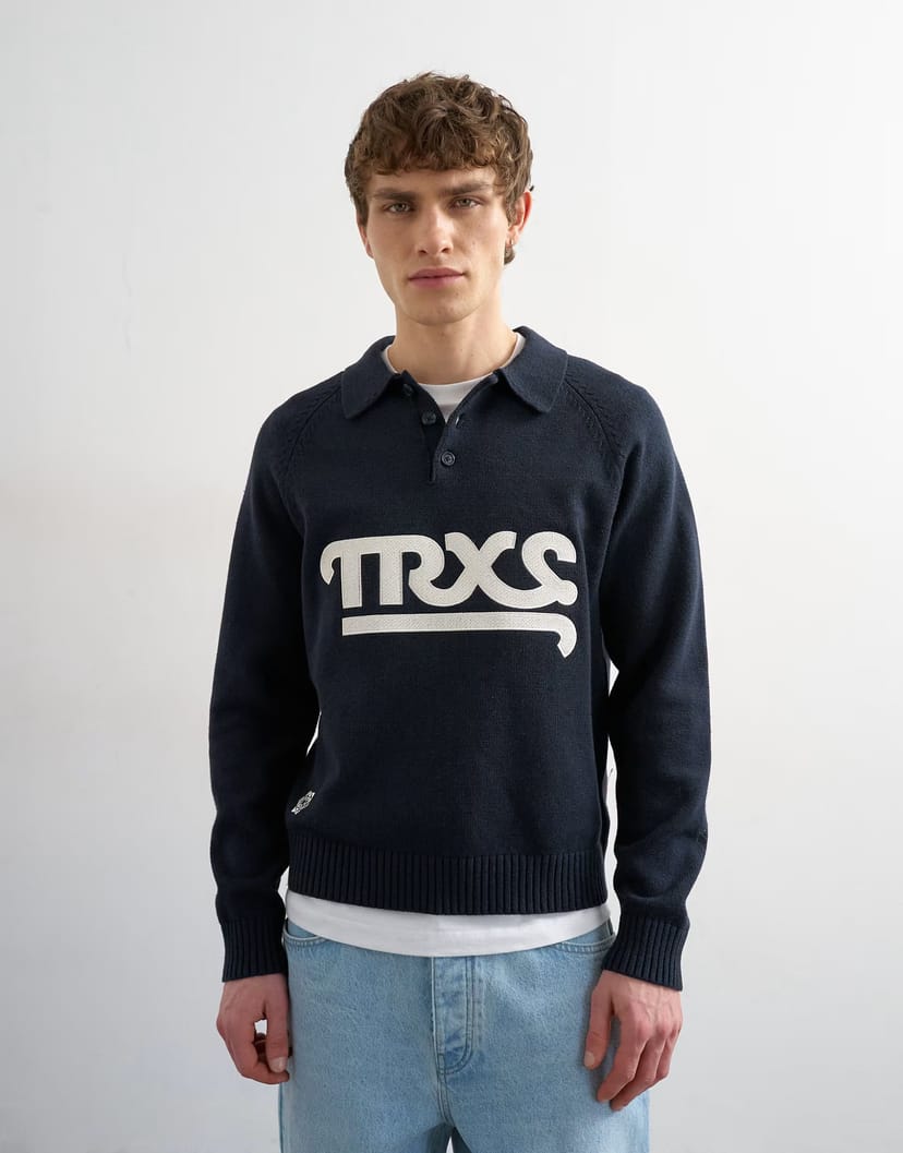 ASOS Topman classic fit knitted rugby polo with applique text in navy - 1
