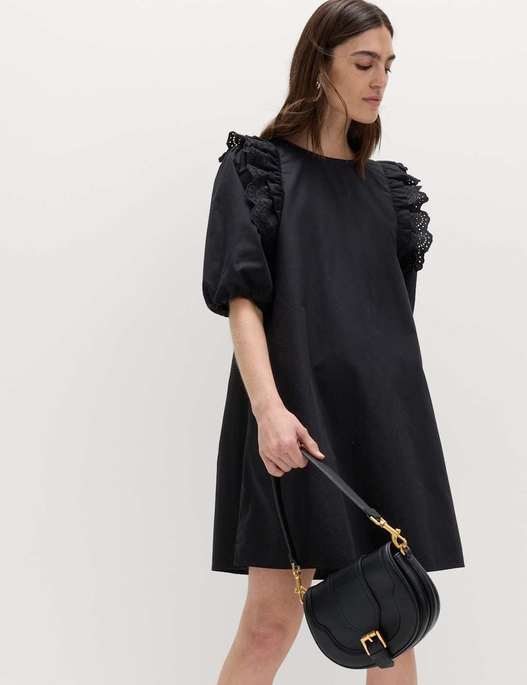 M&S Black Broderie Frill Sleeve Mini Relaxed Dress