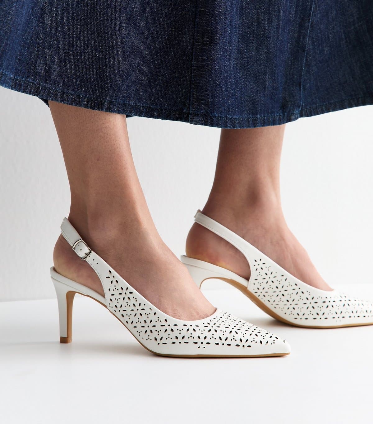 New Look Women's White Faux Leather Floral Cut Out Slingback Court Heels Vegan New Look