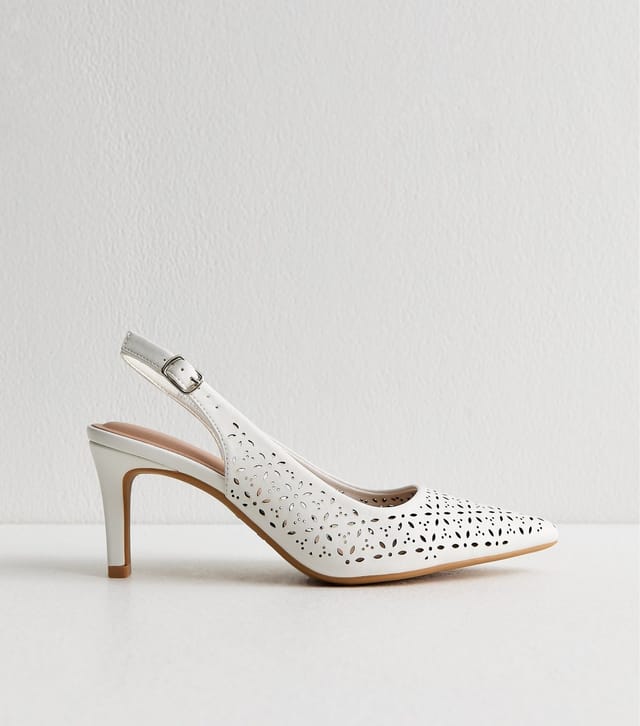 New Look Women's White Faux Leather Floral Cut Out Slingback Court Heels Vegan New Look - 2