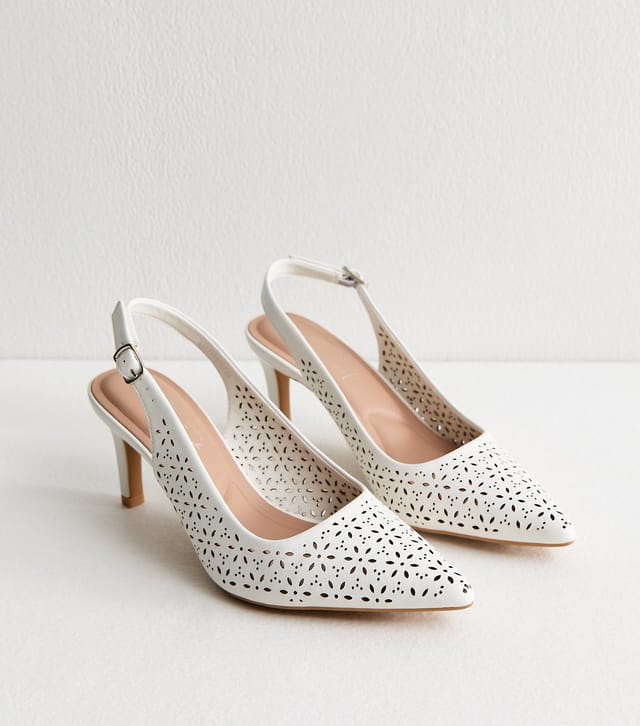 New Look Women's White Faux Leather Floral Cut Out Slingback Court Heels Vegan New Look - 3