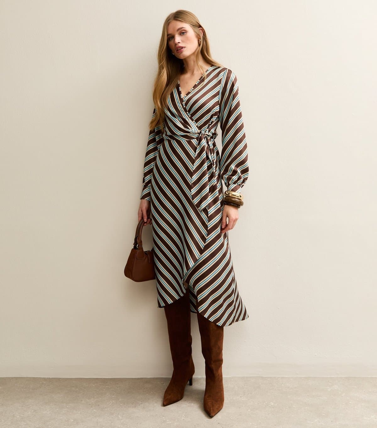 New Look Women's Brown Satin Striped Wrap Midi Dress New Look