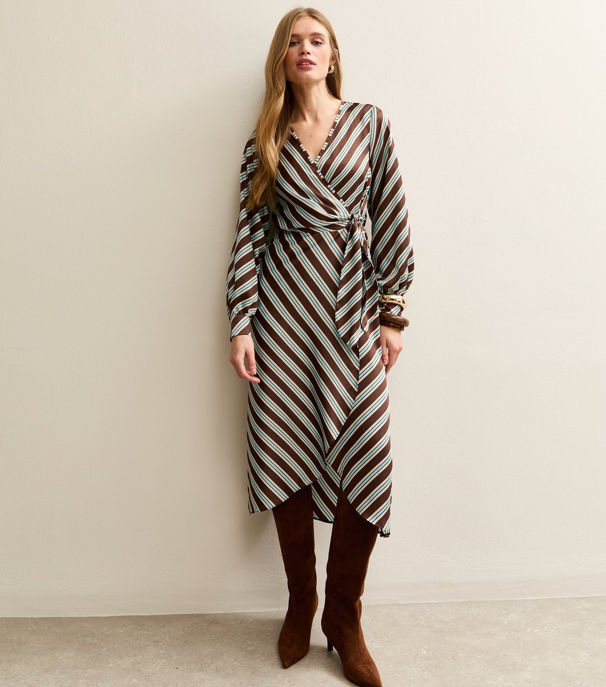 New Look Women's Brown Satin Striped Wrap Midi Dress New Look - 3