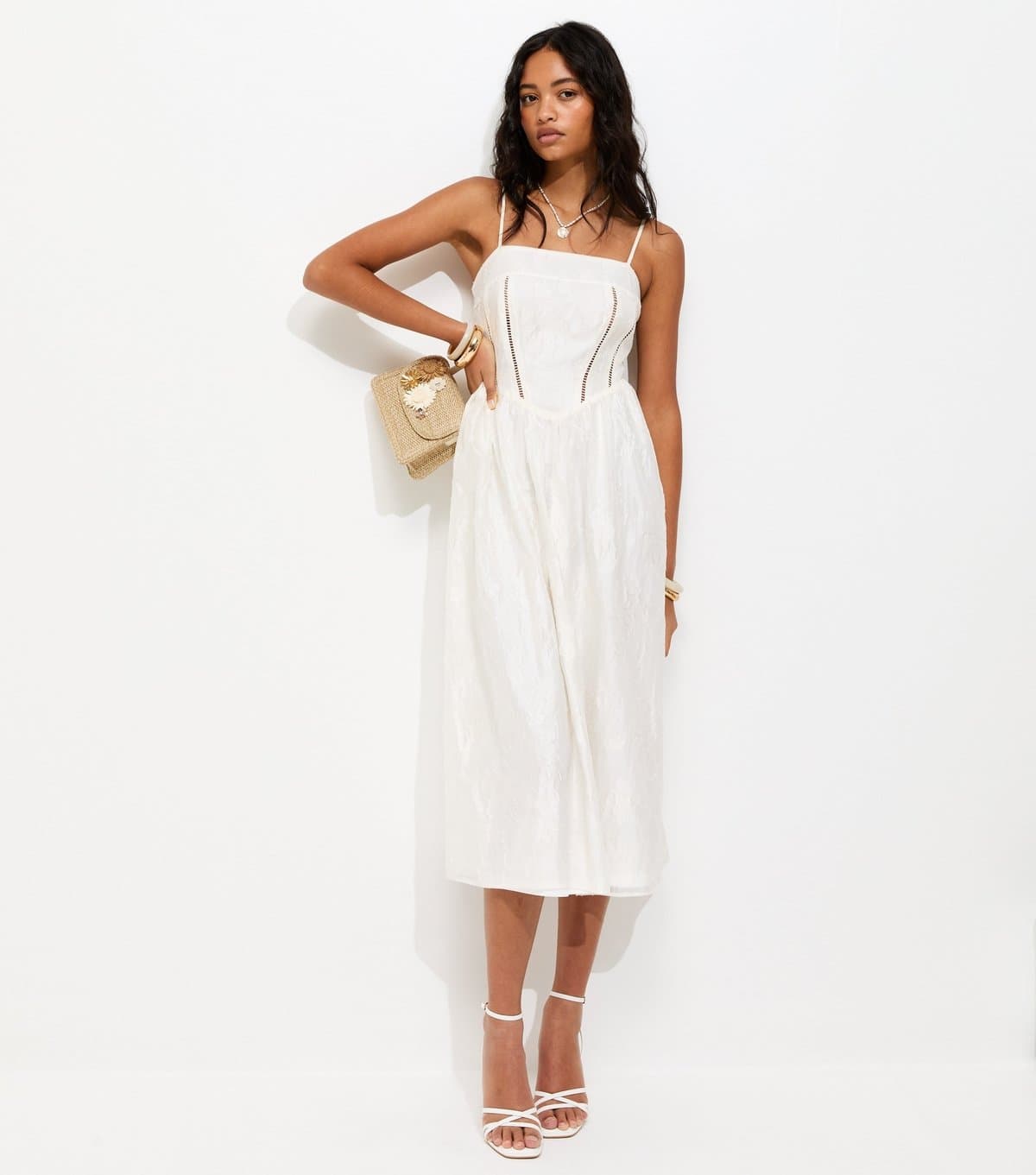 New Look Women's White Sparkly Floral Jacquard Midi Dress New Look