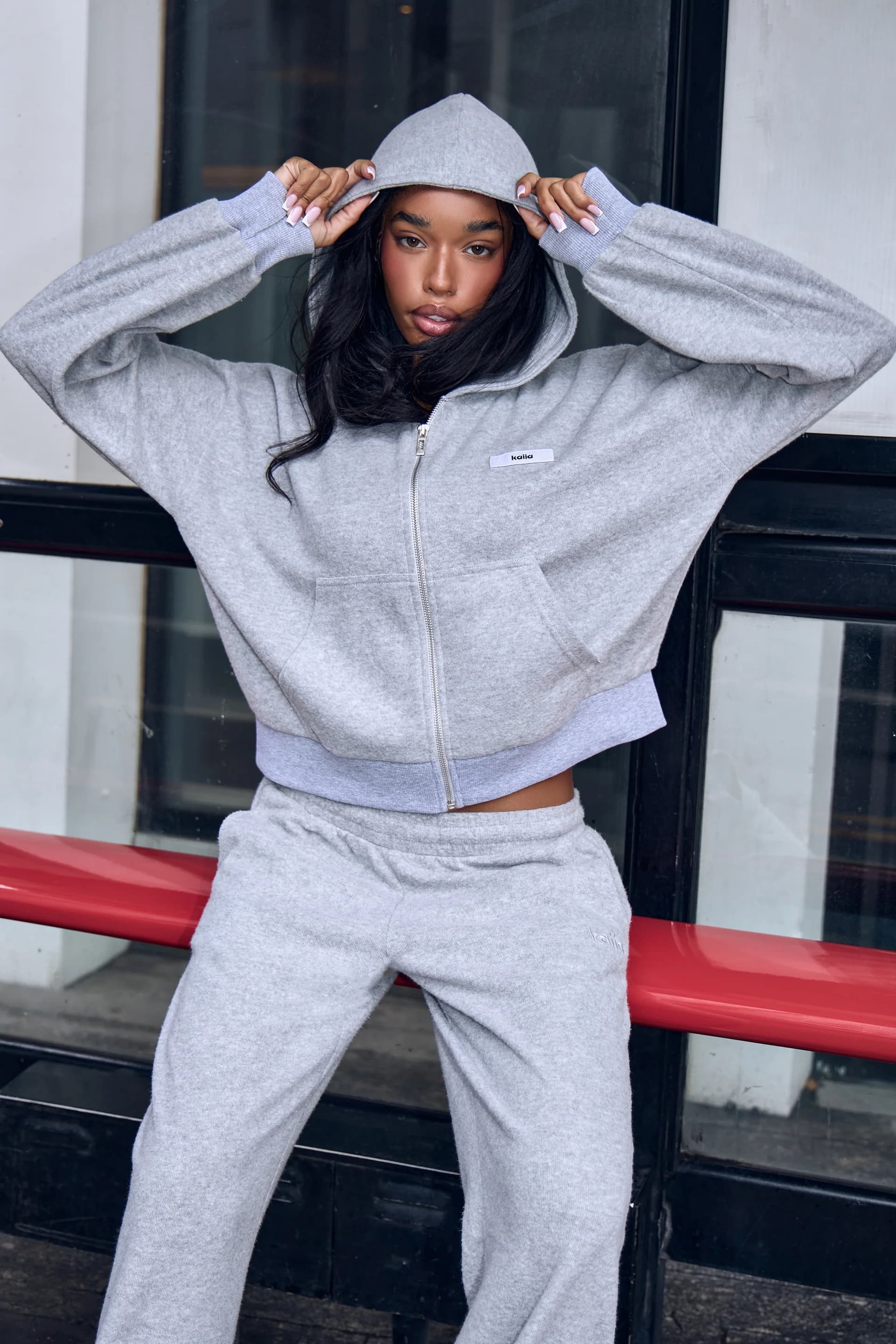 Kaiia Kaiia Label Logo Supersoft Cropped Zip Through Hoodie Grey Marl