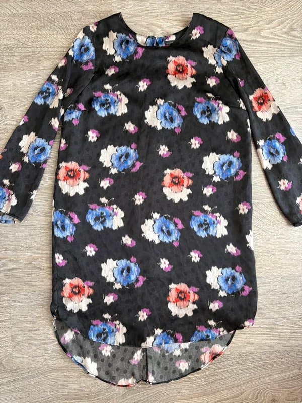 Topshop Topshop Floral Shift Dress UK 10 | Black Chiffon Tunic Mini Dress Polka Dot Sheer Long Sleeve Y2K