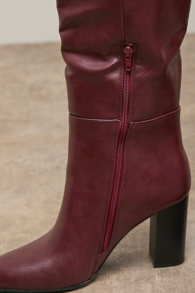 Oasis Oasis Women's Tamsin Faux Leather Stacked High Block Heel Knee Boots in Dark Red - 3