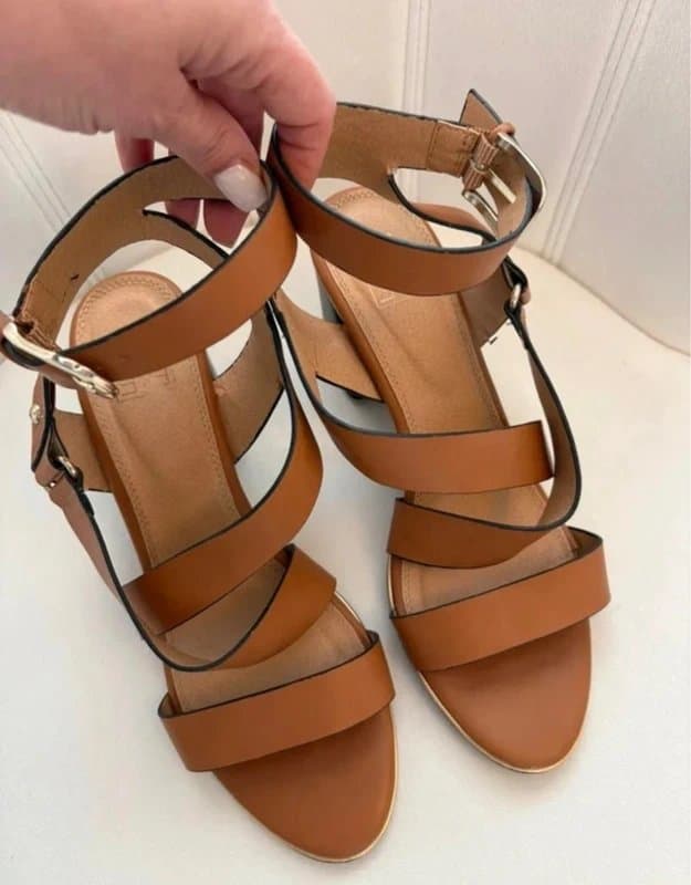 F&F F&F Tan Strappy Block Heel Sandals UK 6.5 Cognac Gladiator Style