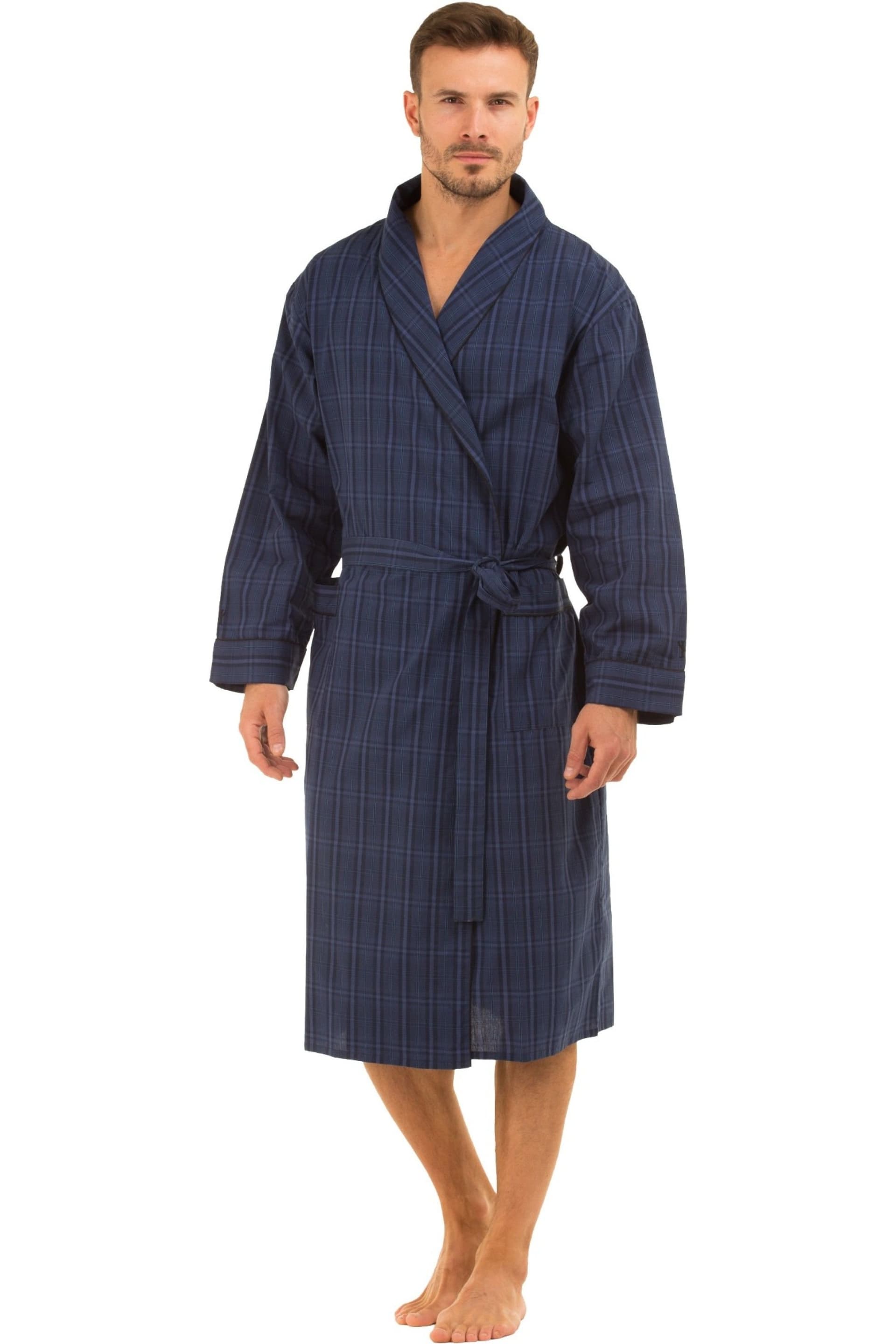 Haigman Haigman Men's Men's Yarn Dyed Cotton Poplin Shawl Collar Dressing Gown in Navy