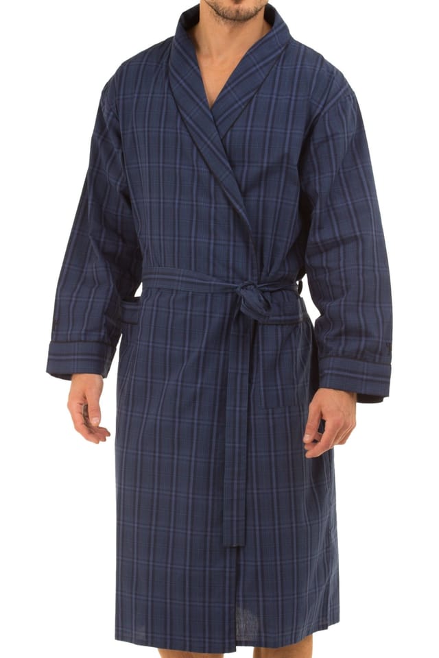 Haigman Haigman Men's Men's Yarn Dyed Cotton Poplin Shawl Collar Dressing Gown in Navy - 3