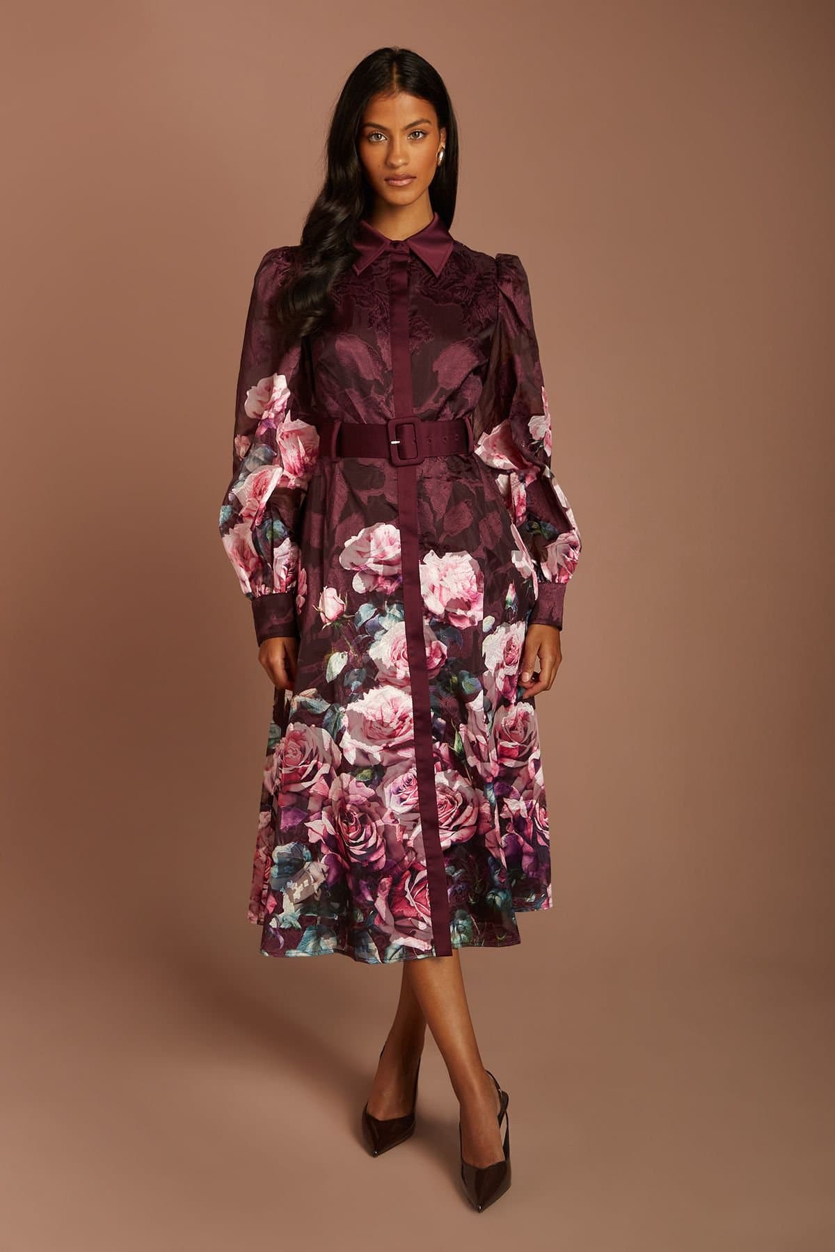 Coast Coast Women's Petite Printed Jacquard Shirt Dress With Belt in Berry