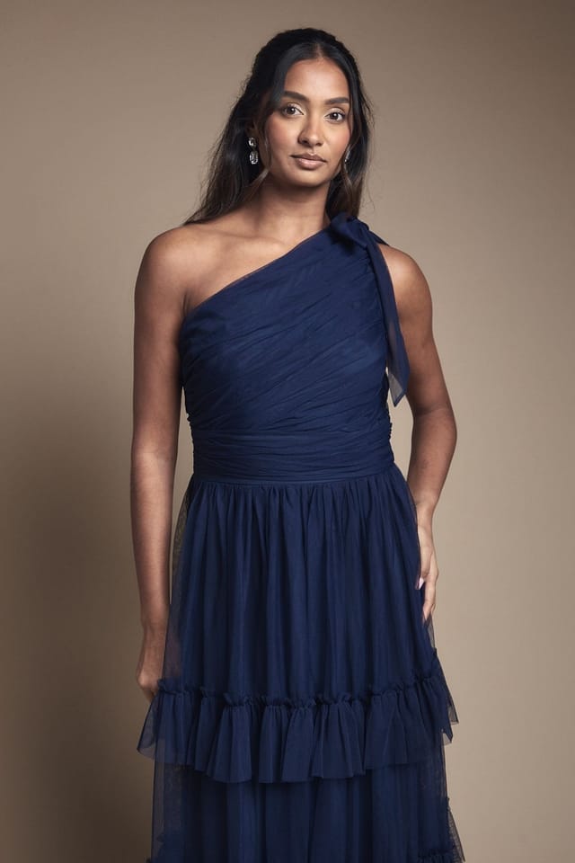 Oasis Oasis Women's Pleated Mesh One Shoulder Tiered Maxi Bridesmaid Maxi Dress in Navy - 2
