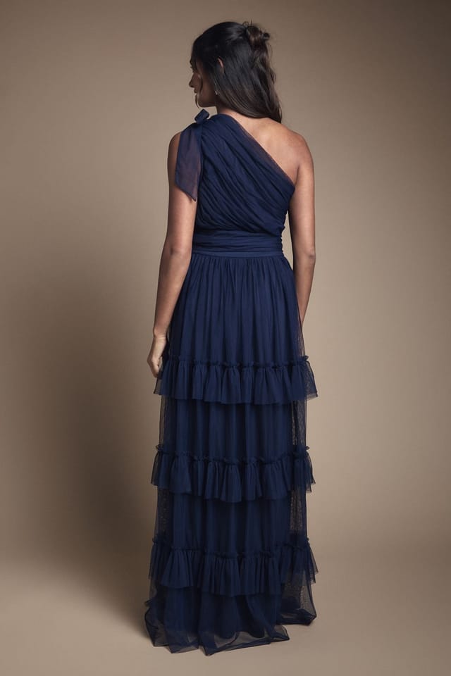 Oasis Oasis Women's Pleated Mesh One Shoulder Tiered Maxi Bridesmaid Maxi Dress in Navy - 3