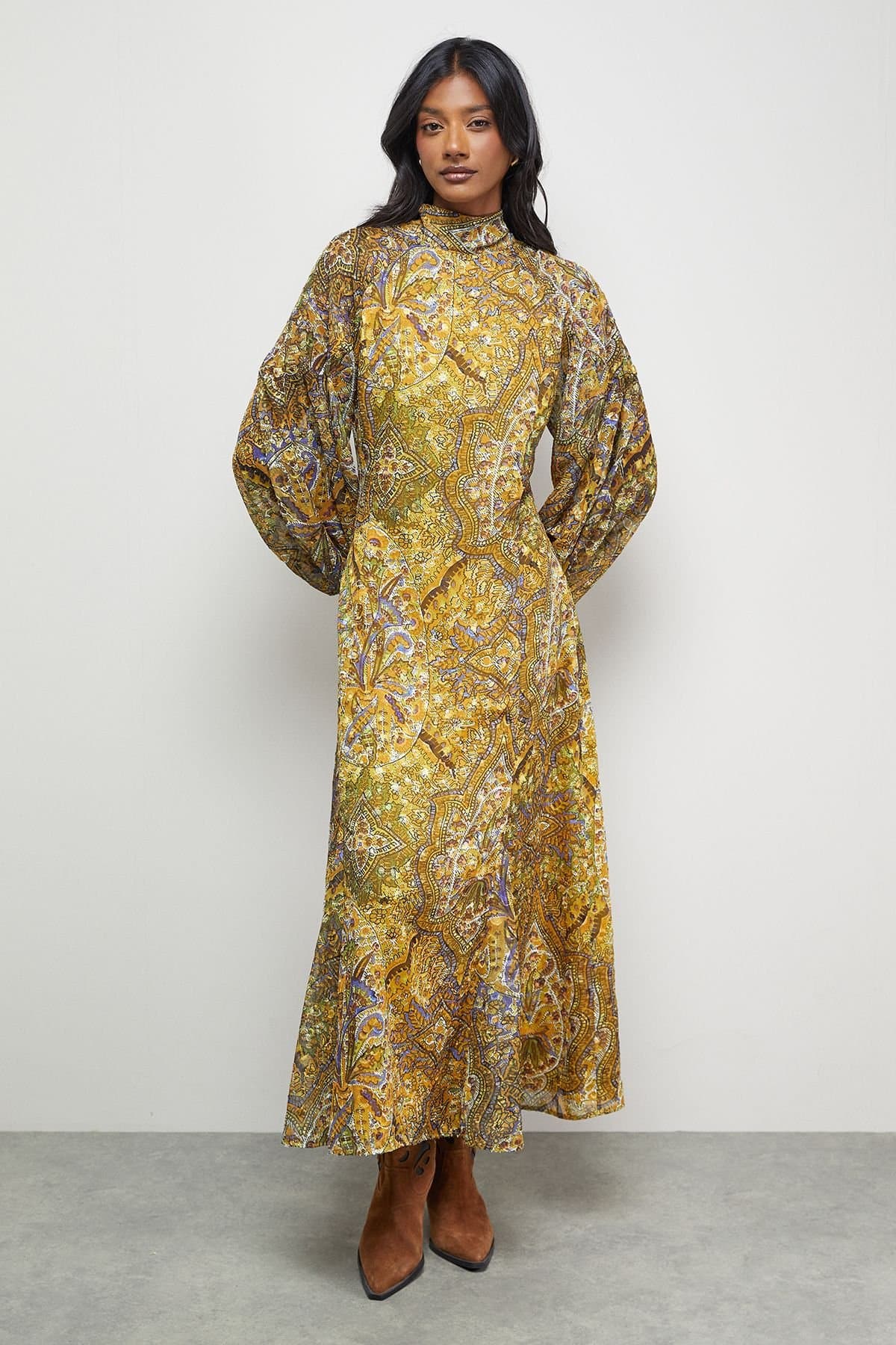 Warehouse Warehouse Women's Paisley Burnout Spot High Neck Godet Midi Dress in Mustard