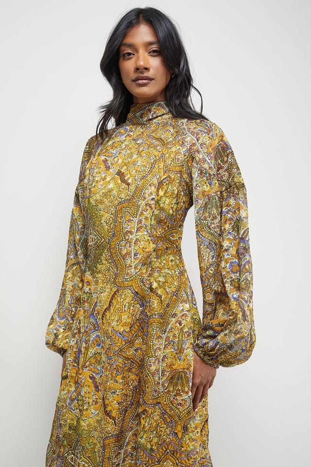 Warehouse Warehouse Women's Paisley Burnout Spot High Neck Godet Midi Dress in Mustard - 2
