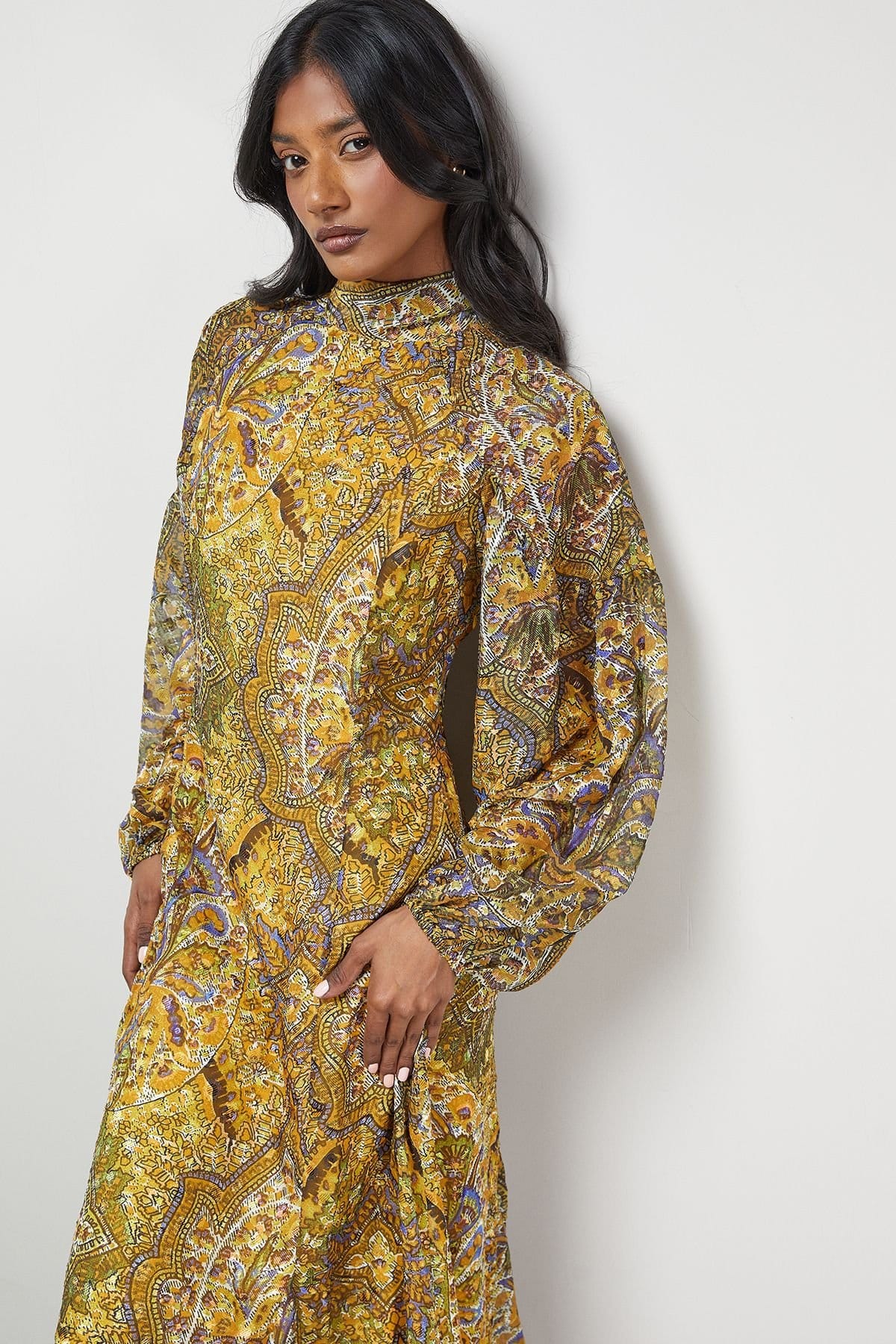 Warehouse Warehouse Women's Paisley Burnout Spot High Neck Godet Midi Dress in Mustard - 4