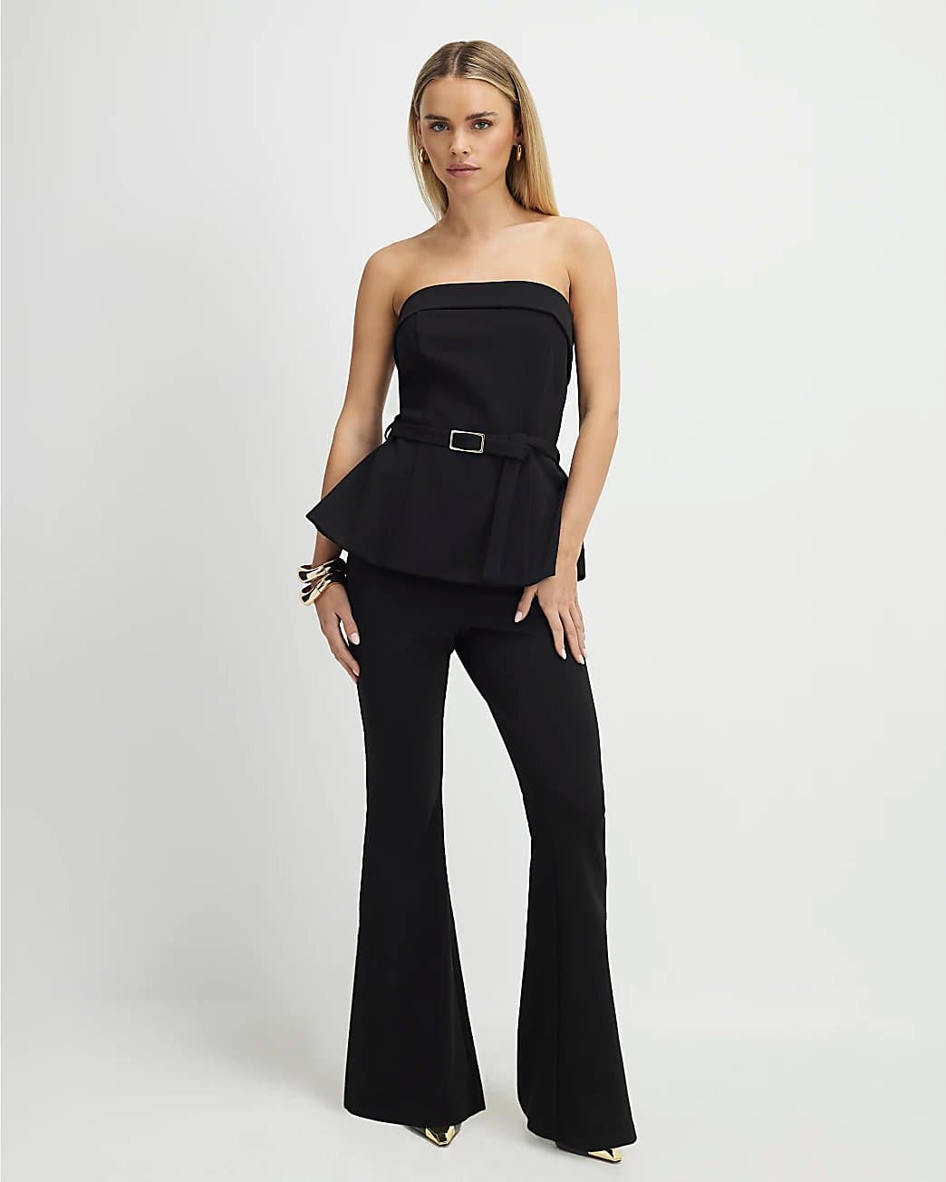 River Island River Island Womens Petite Black Bandeau Peplum Belted Jumpsuit