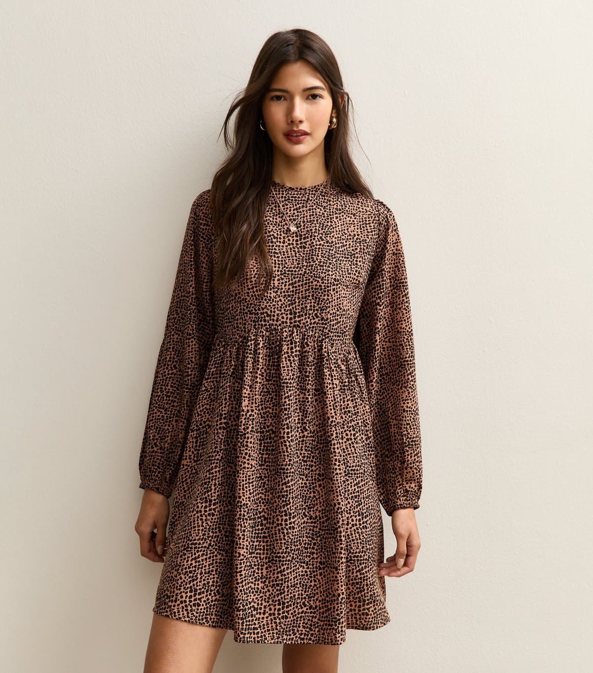 New Look Women's Brown Animal Print Long Sleeve Smock Mini Dress New Look