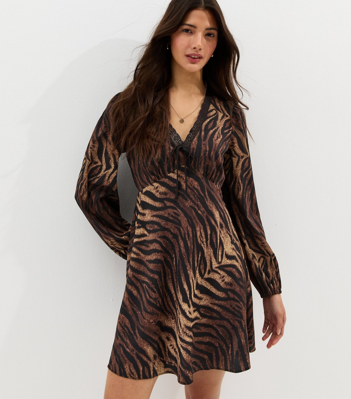 New Look Women's Brown Zebra Pint Lace Trim Mini Dress New Look - 2