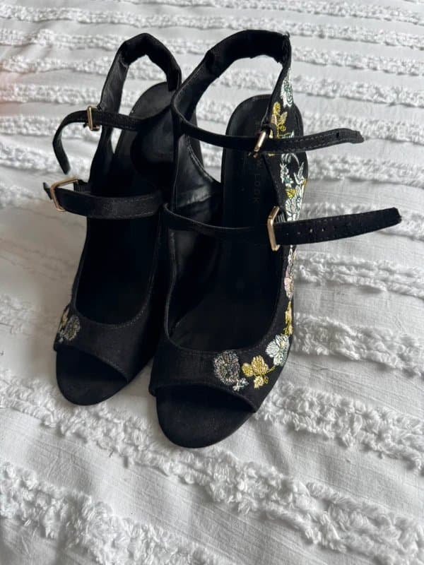 New Look New black floral suede heels with double strap