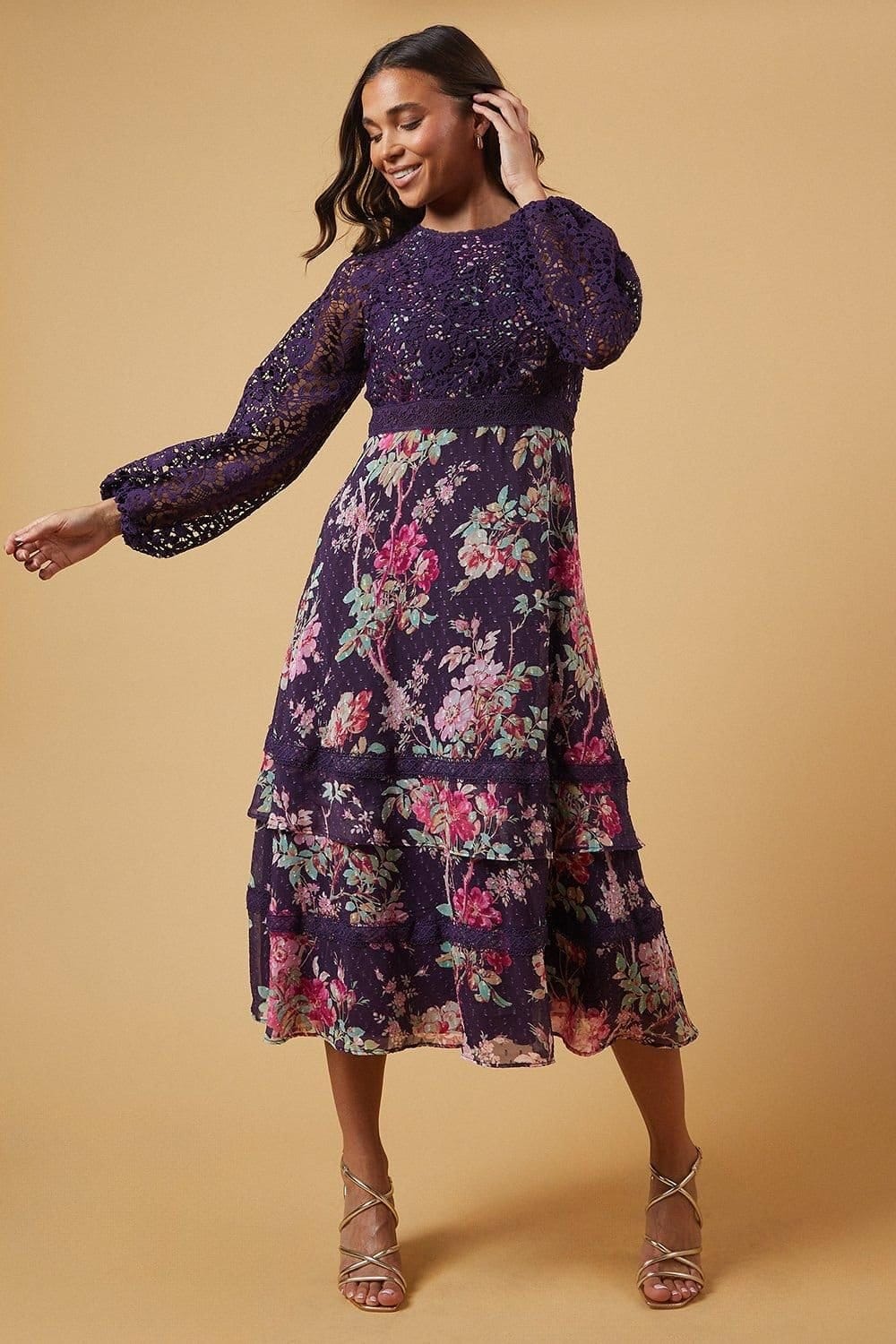Oasis Oasis Women's Petite Occasion Floral Lace Bodice Midi Dress in Berry - 1