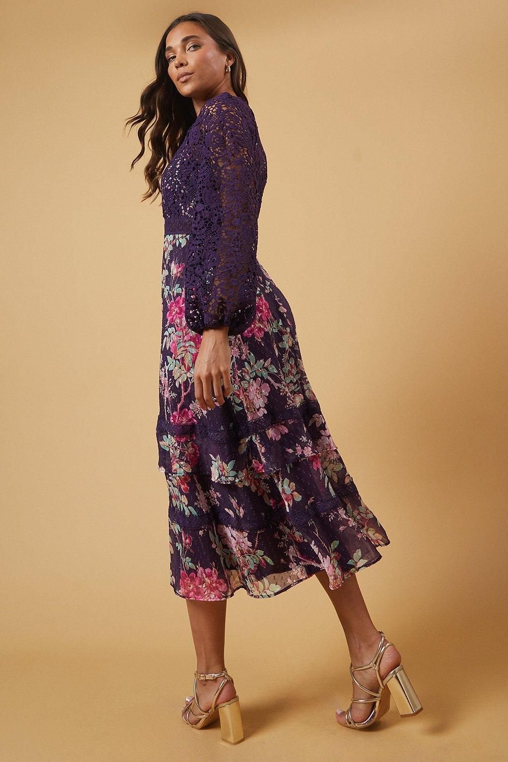 Oasis Oasis Women's Petite Occasion Floral Lace Bodice Midi Dress in Berry - 3