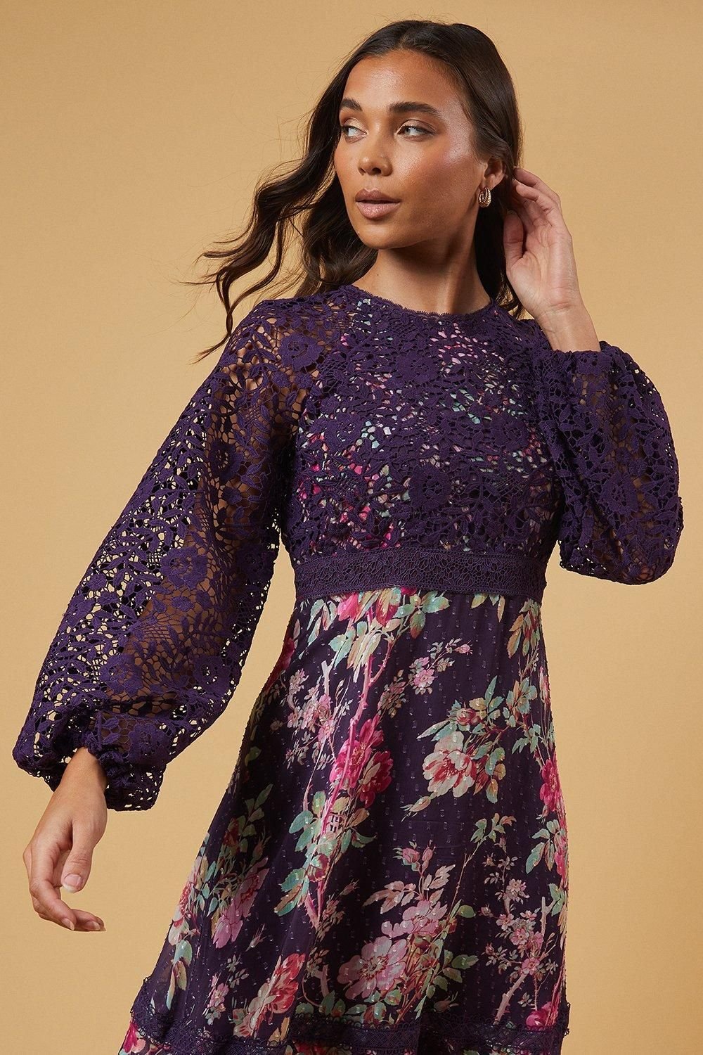 Oasis Oasis Women's Petite Occasion Floral Lace Bodice Midi Dress in Berry - 4