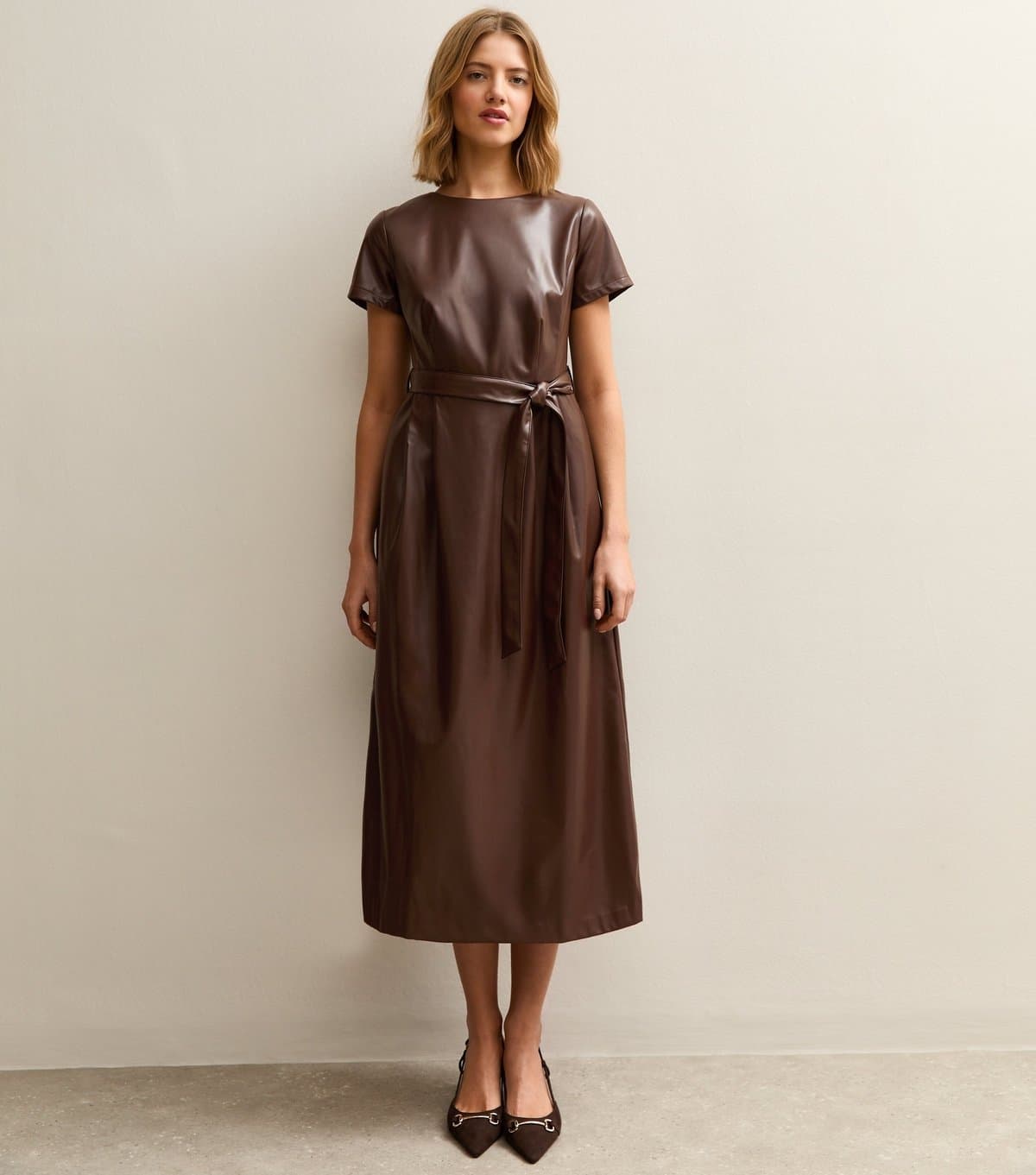 New Look Women's Dark Brown Faux Leather Belted Midi Dress New Look