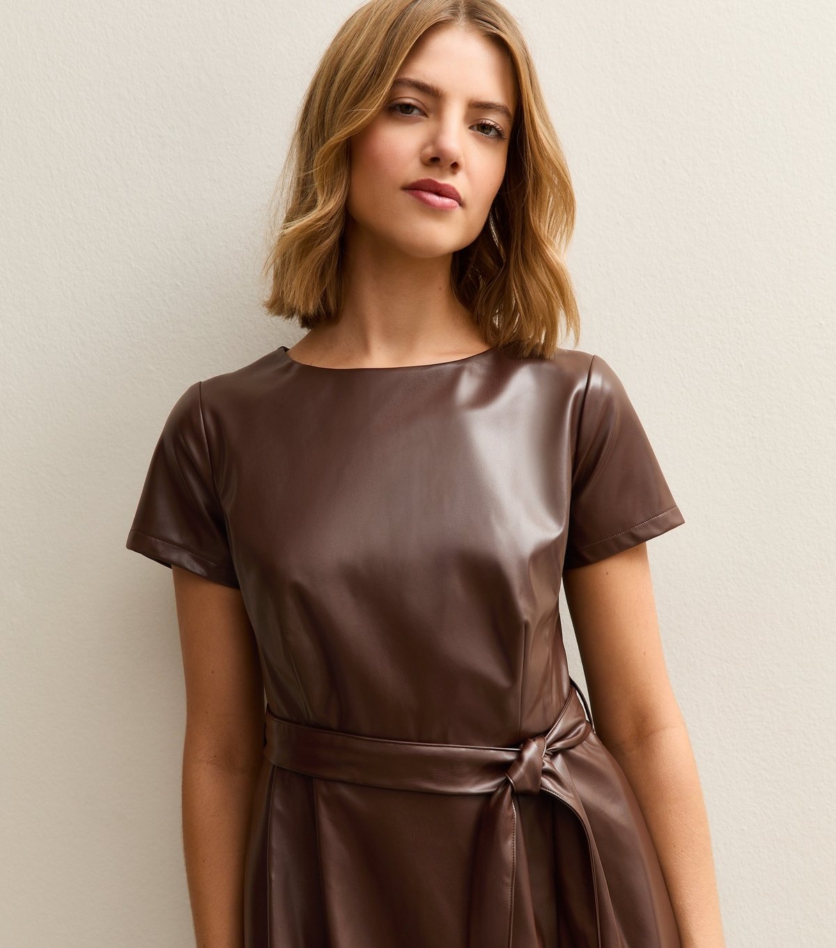 New Look Women's Dark Brown Faux Leather Belted Midi Dress New Look - 2