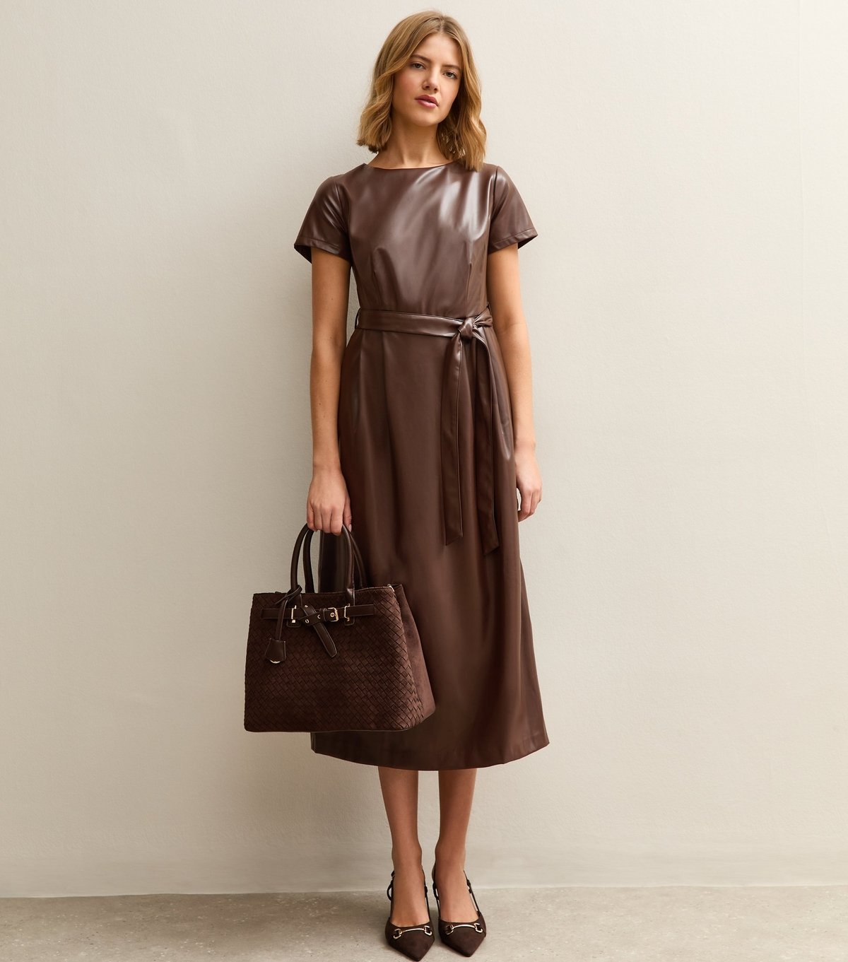 New Look Women's Dark Brown Faux Leather Belted Midi Dress New Look - 3