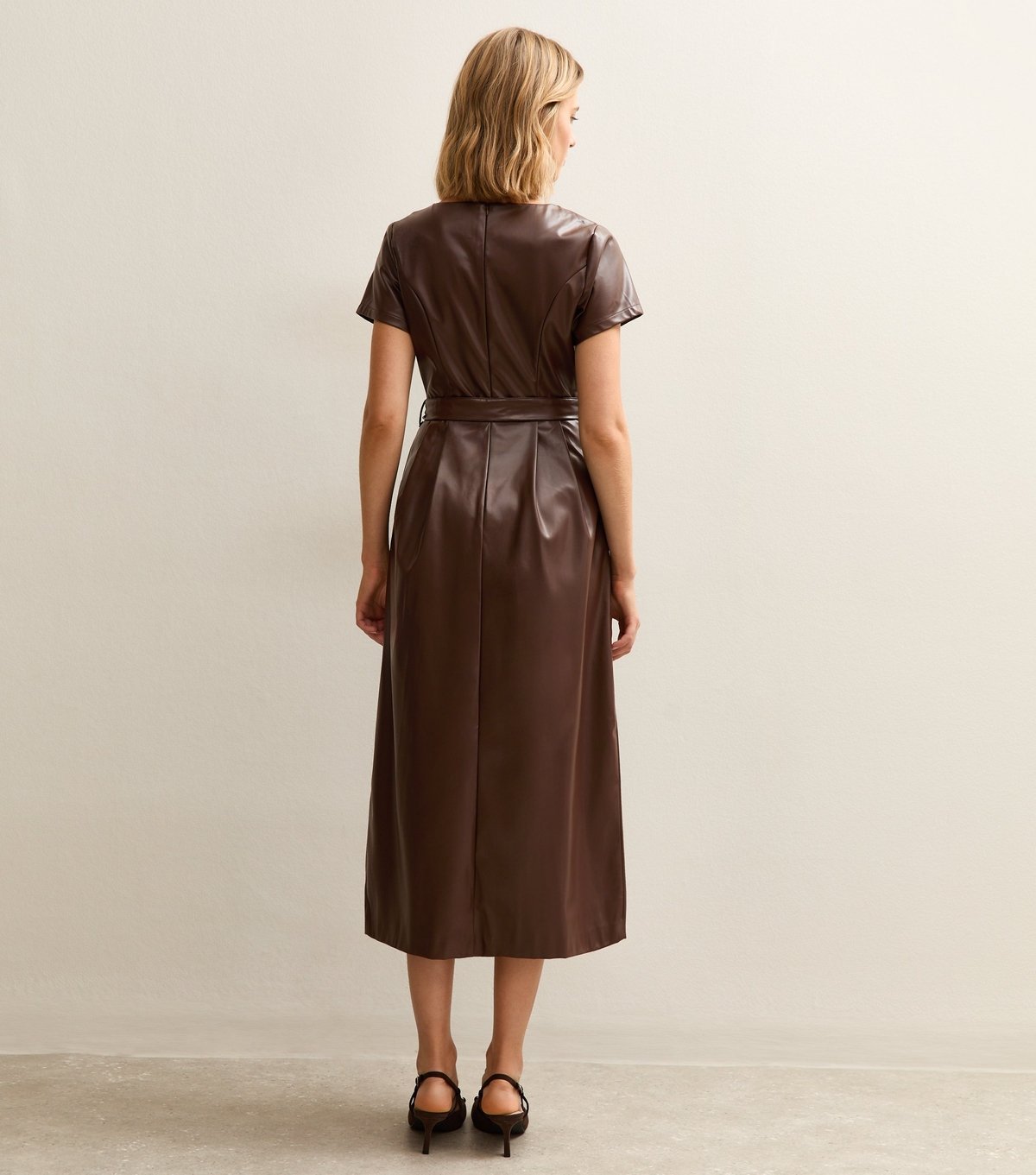 New Look Women's Dark Brown Faux Leather Belted Midi Dress New Look - 4