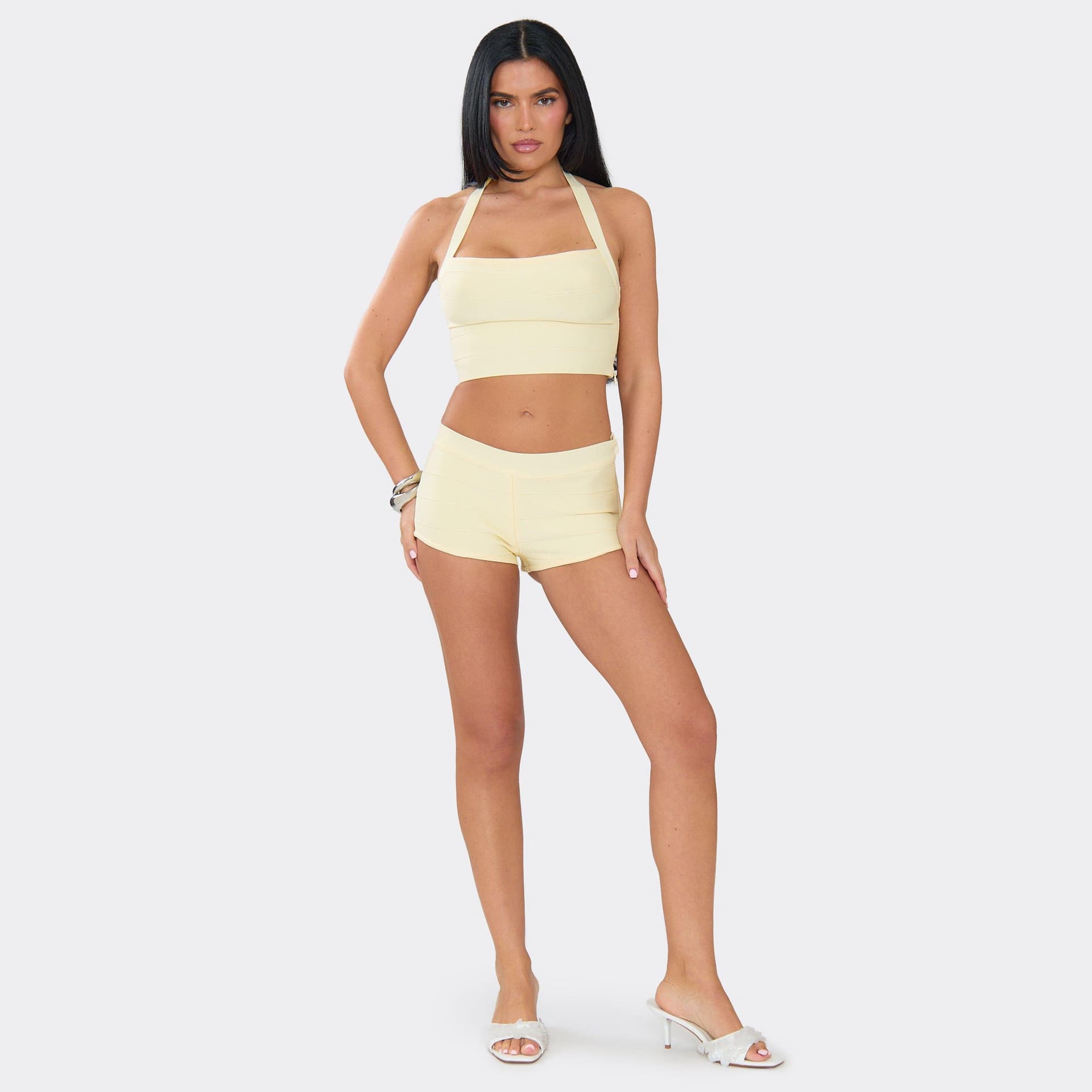 EGO Low Rise Mini Shorts In Lemon Bandage, Women's Size UK 6