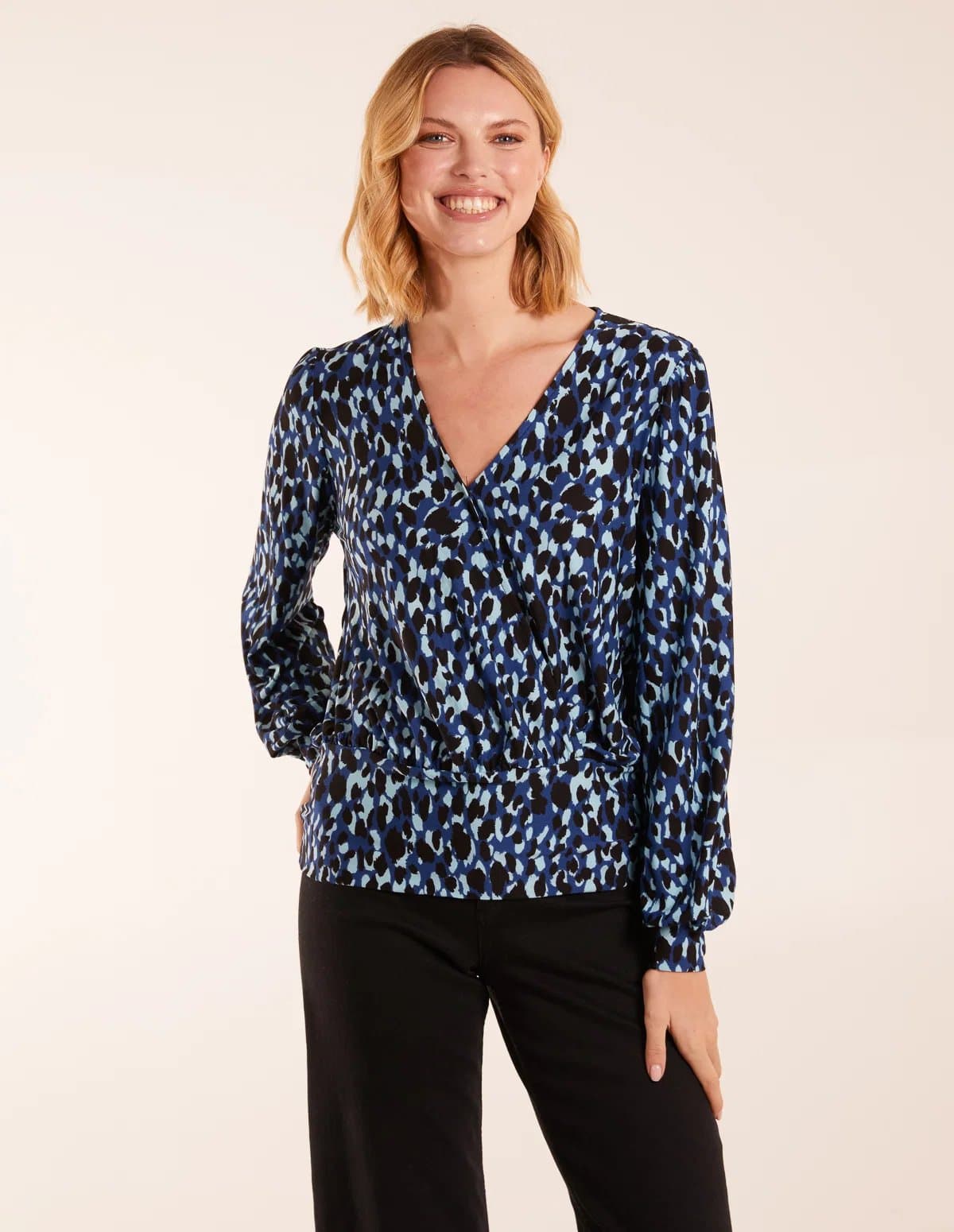 Blue Vanilla Wrap Front Leopard Print Deep Hem Band Top